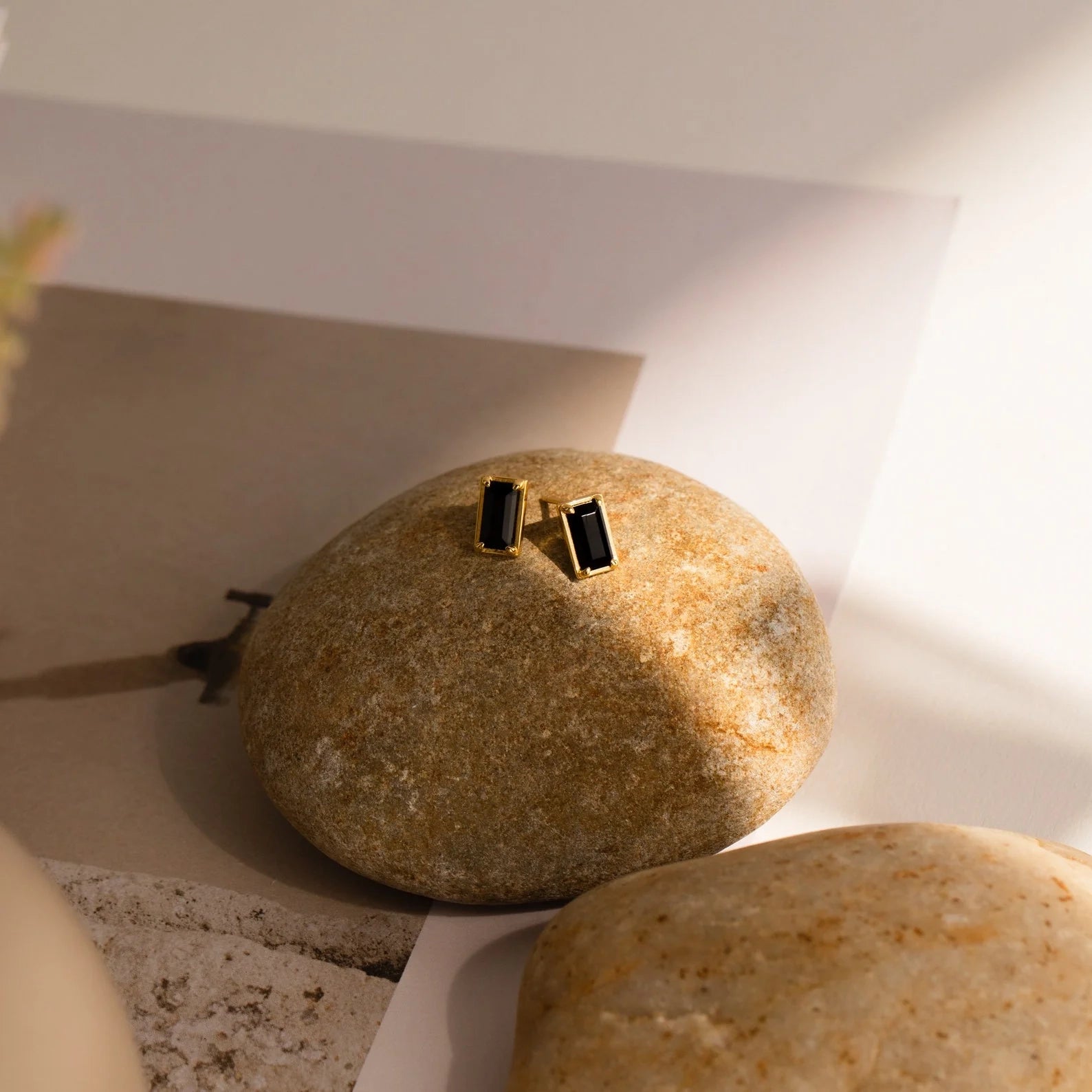Rectangle Black Onyx Studs Silver 18K Gold Plated