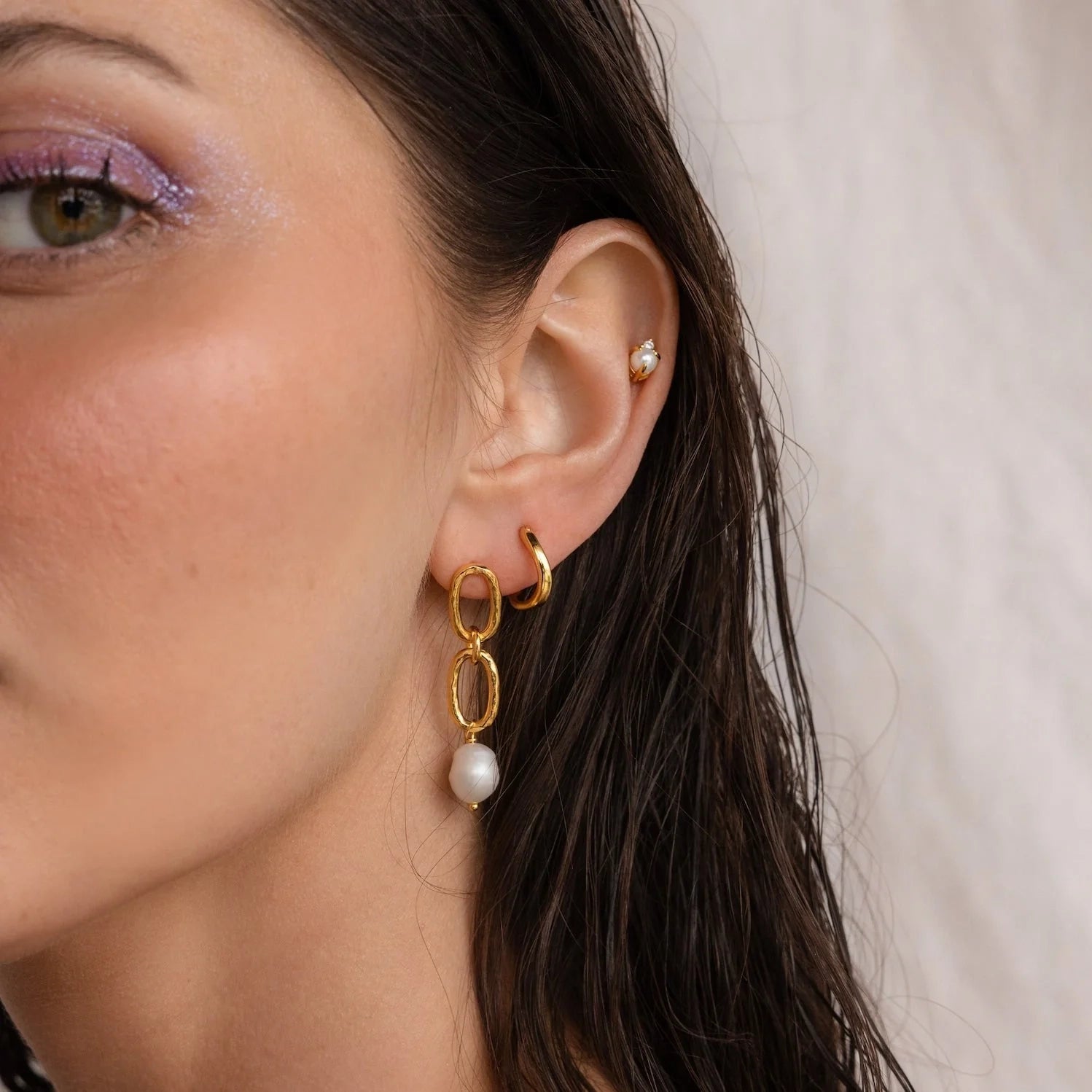 Pearl Drop Link Studs Silver 18K Gold Plated