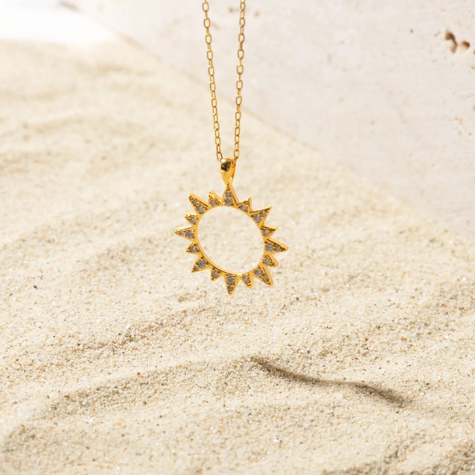 Pave Sun Charm Necklace Silver 18K Gold Plated