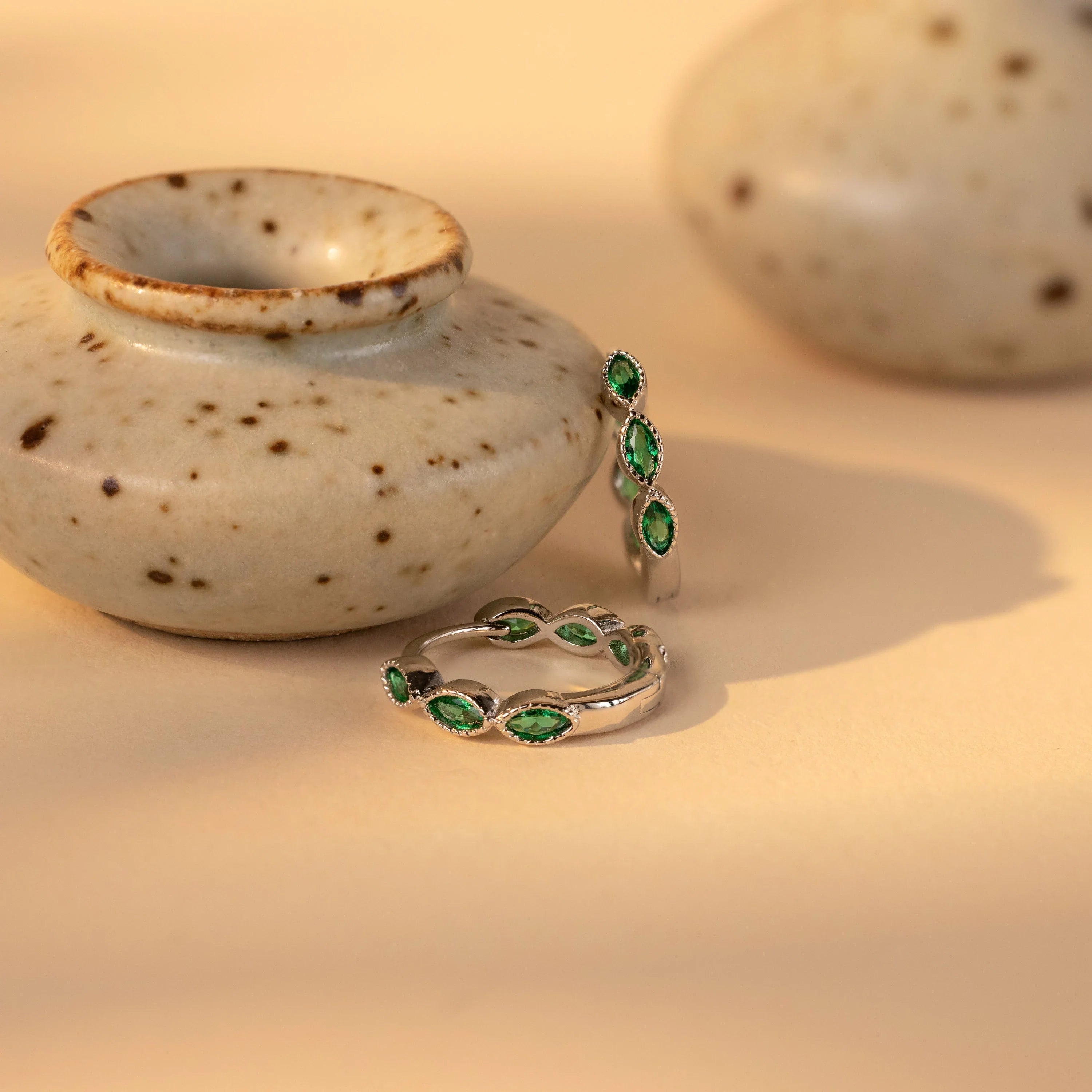 Emerald Marquise Inlay Huggies Silver 18K Gold Plated