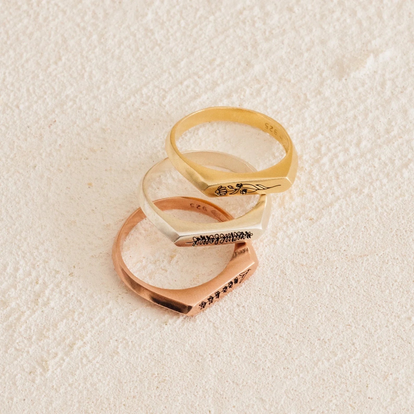 Thin Birth Flower Signet Ring Silver 18K Gold Plated