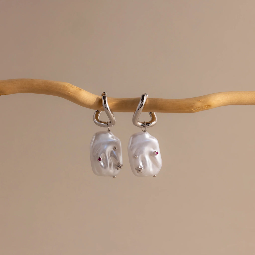 Celestial Baroque Pearl Charm Hoops Silver 18K Gold Plated