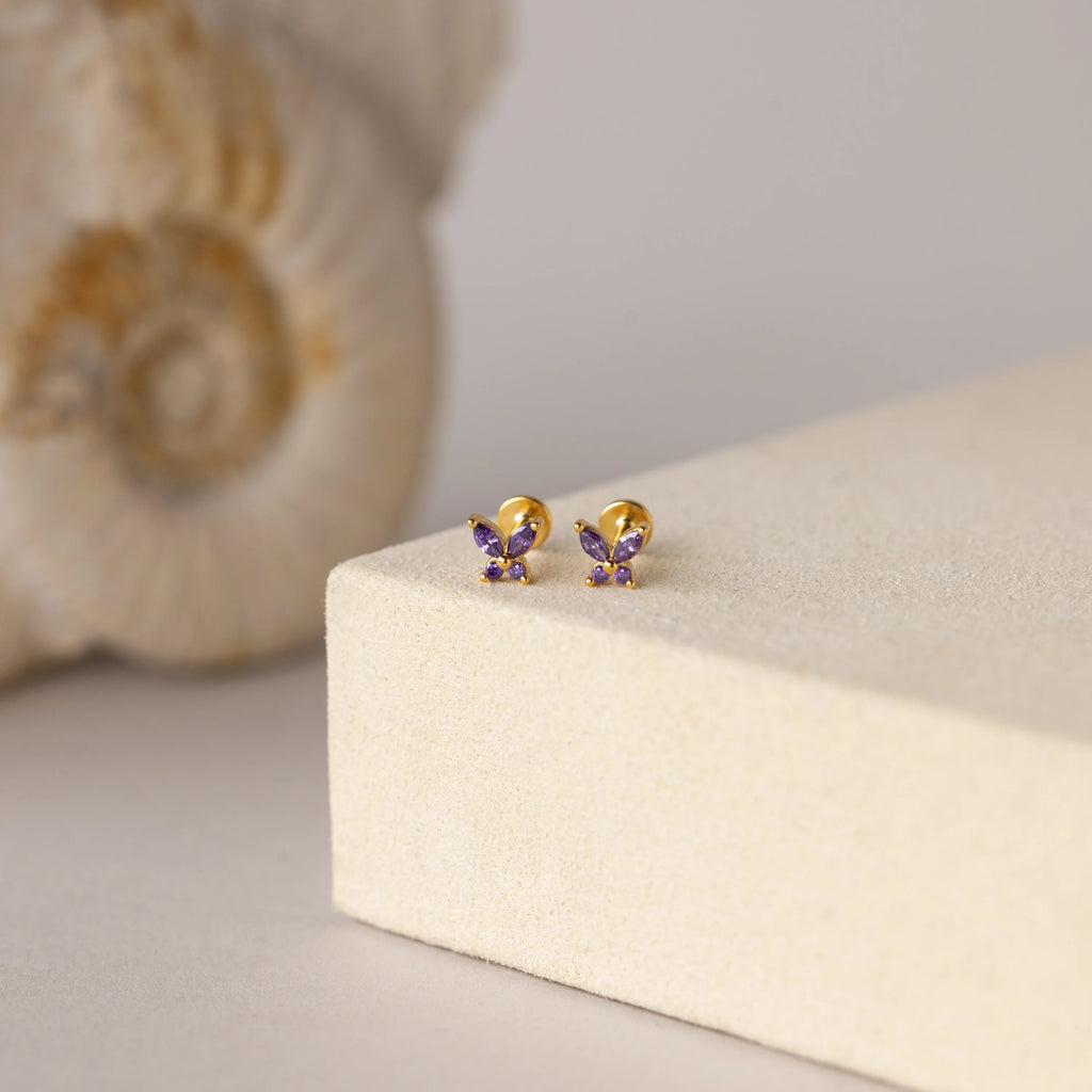 Butterfly Amethyst Flatback Studs Silver 18K Gold Plated