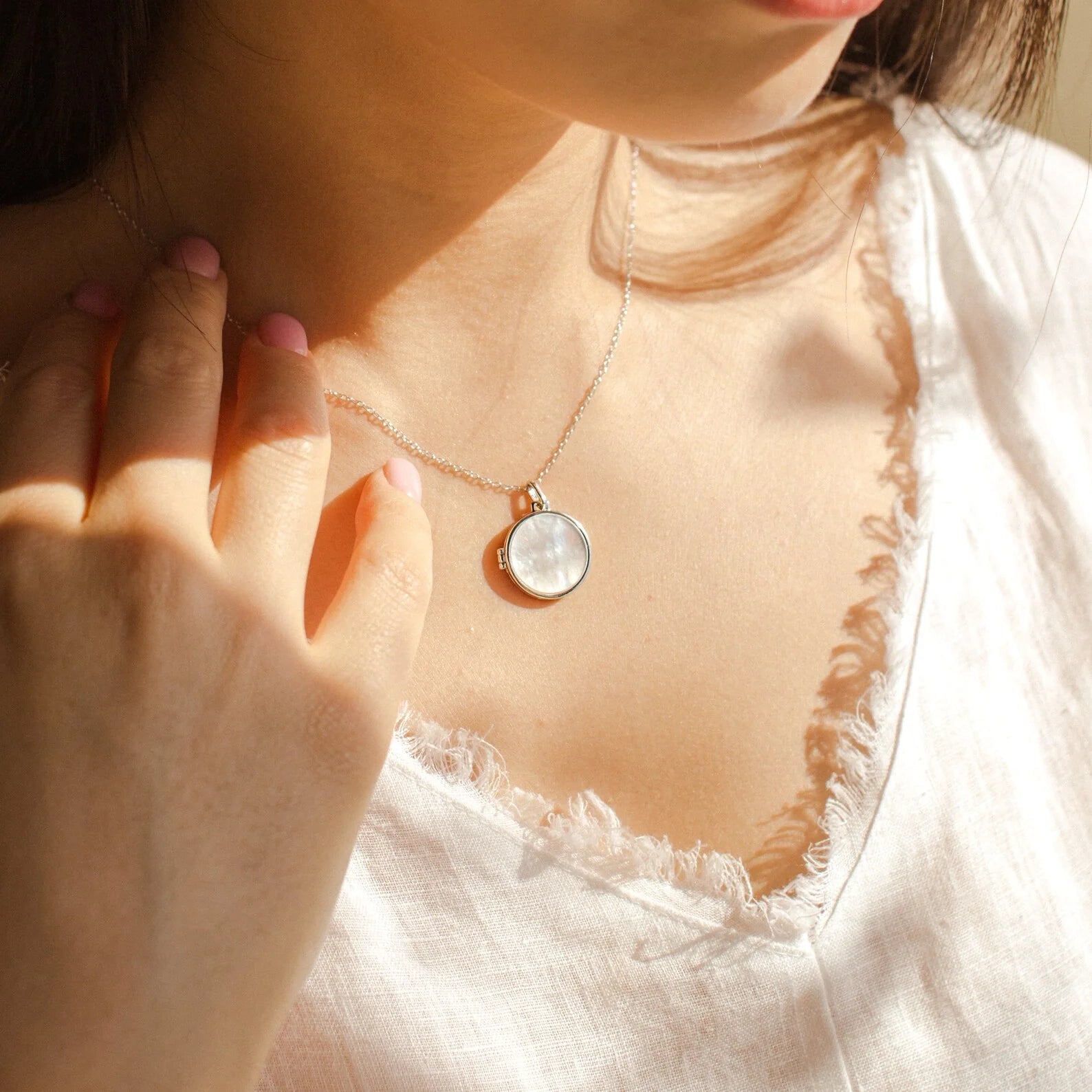 Pearl Disc Locket Necklace Silver 18K Gold Plated