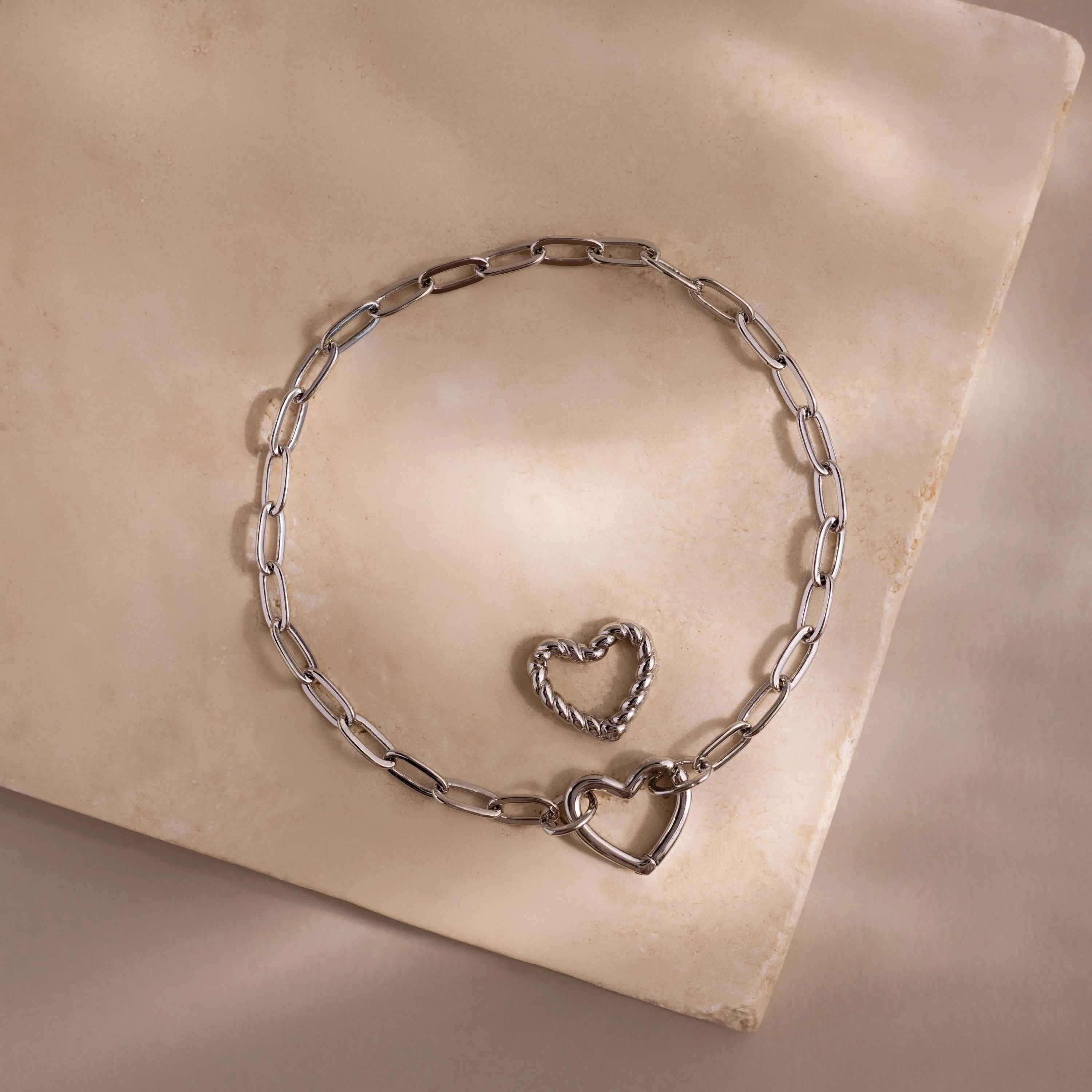 Heart Charm Paperclip Bracelet Silver 18K Gold Plated