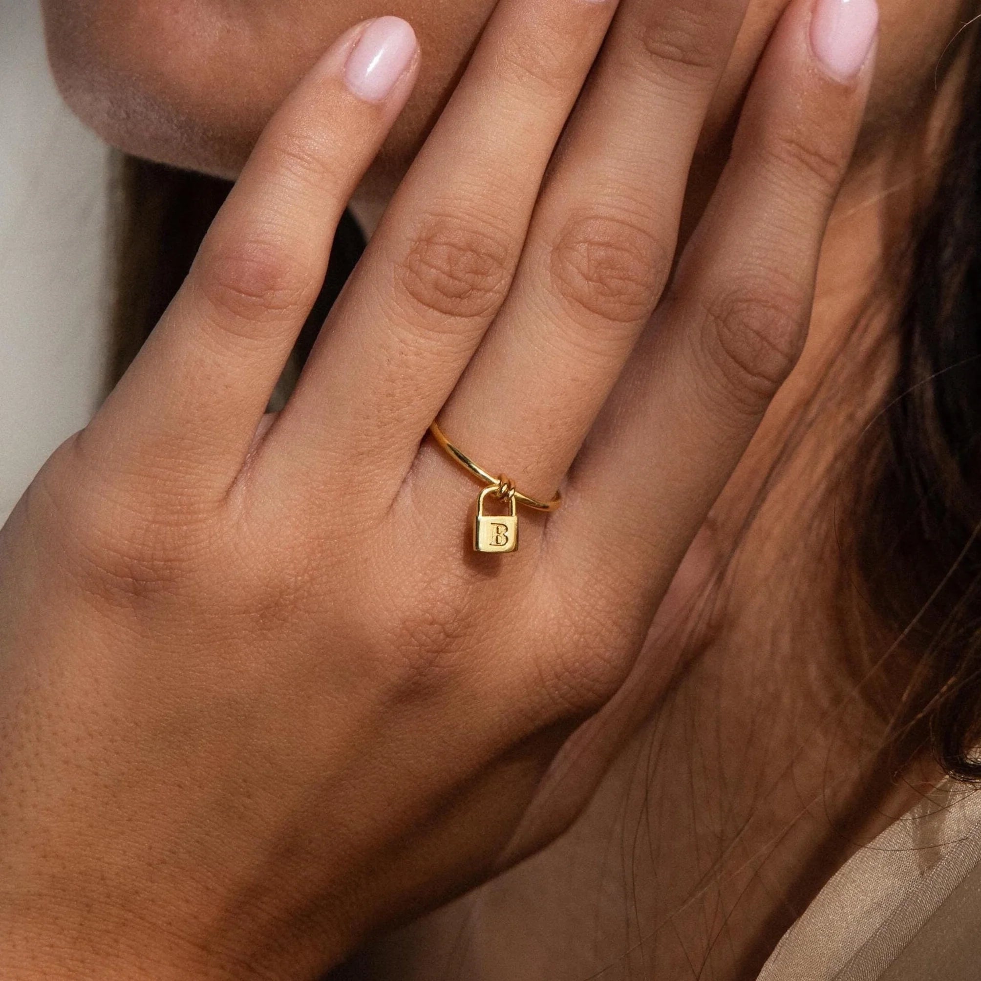Initial Padlock Drop Ring Silver 18K Gold Plated