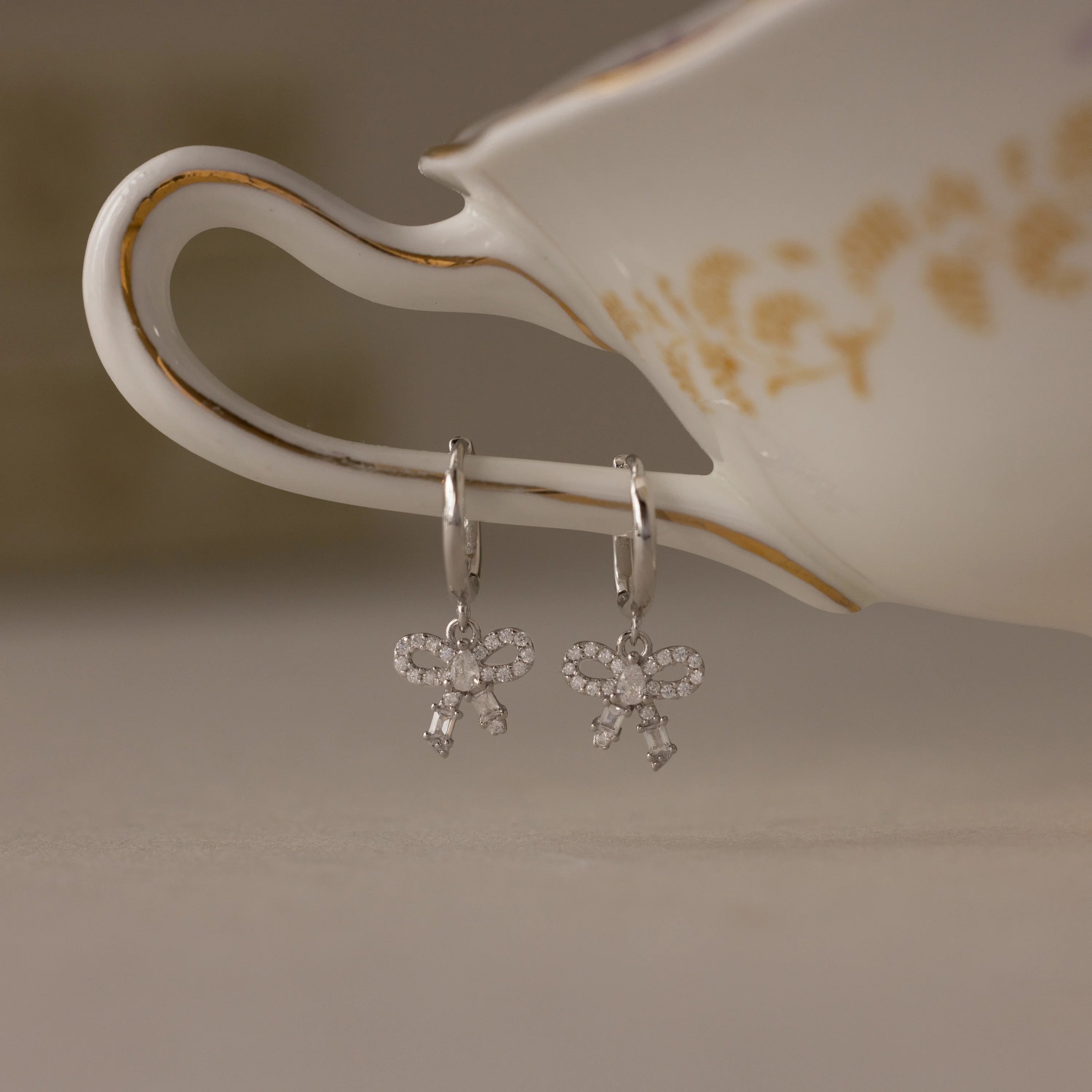 Diamond Pave Bow Charm Hoops Silver 18K Gold Plated