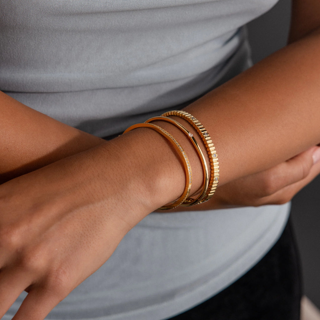 Ribbed Diamond Bangle Silver 18K Gold Plated