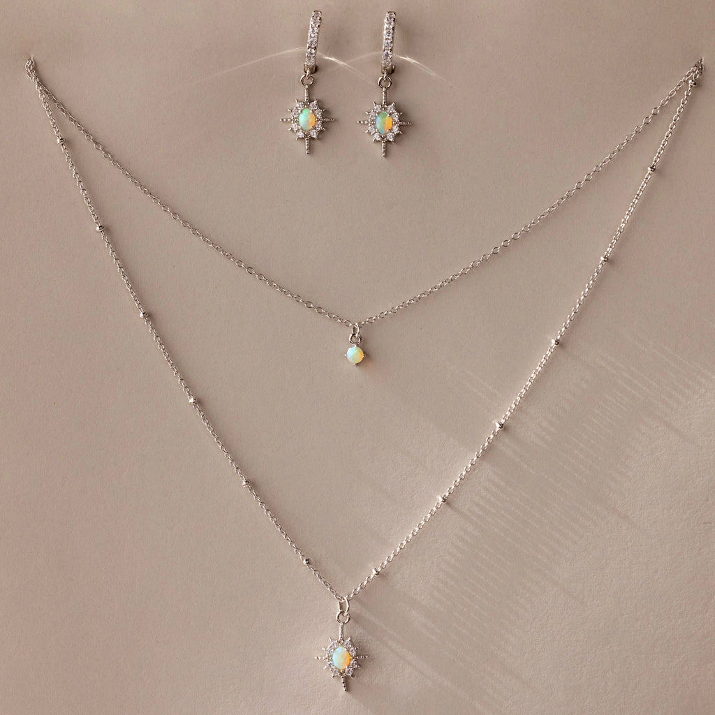 Opal Star Charm Necklace & Earrings Set Silver 18K Gold Plated