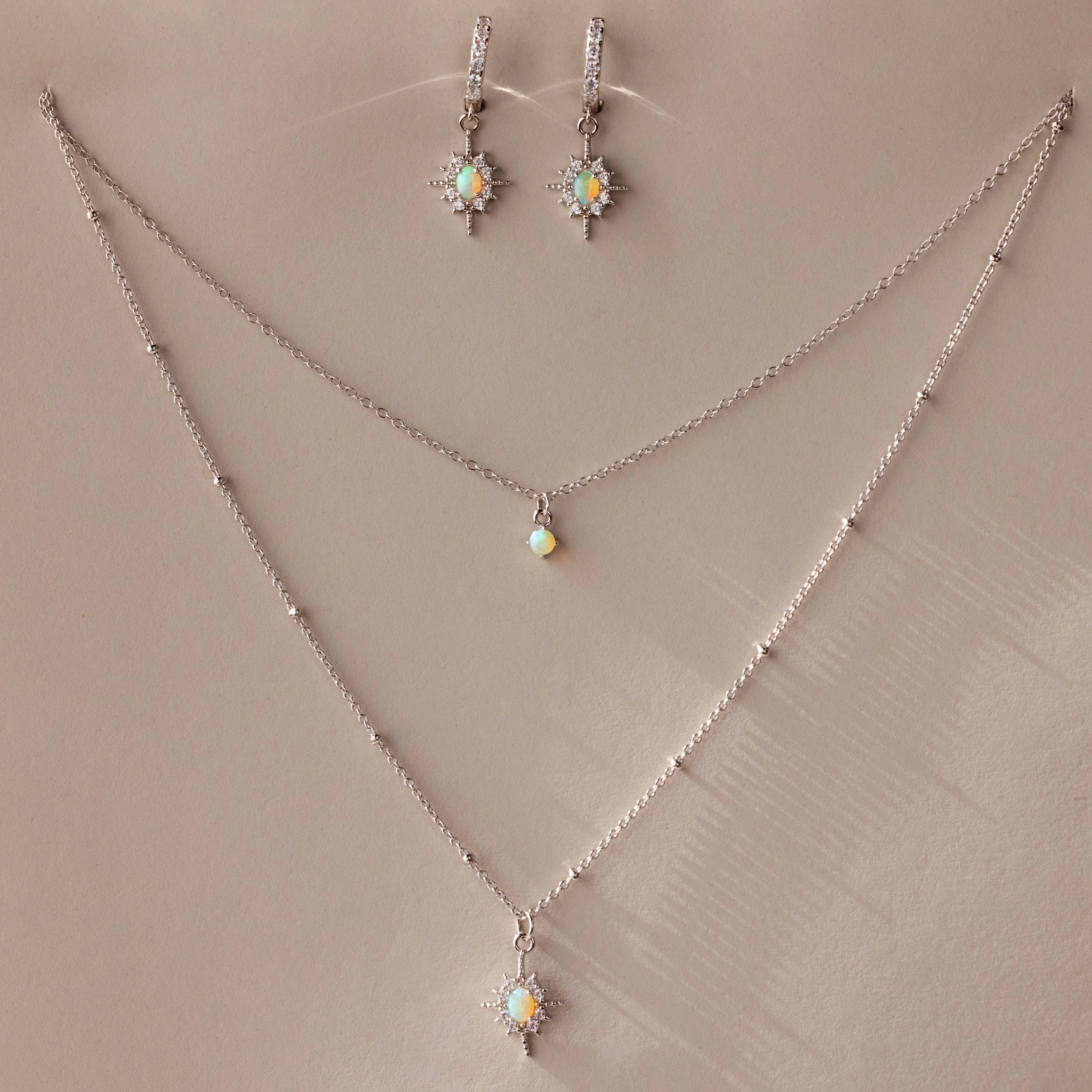 Opal Star Charm Necklace & Earrings Set Silver 18K Gold Plated