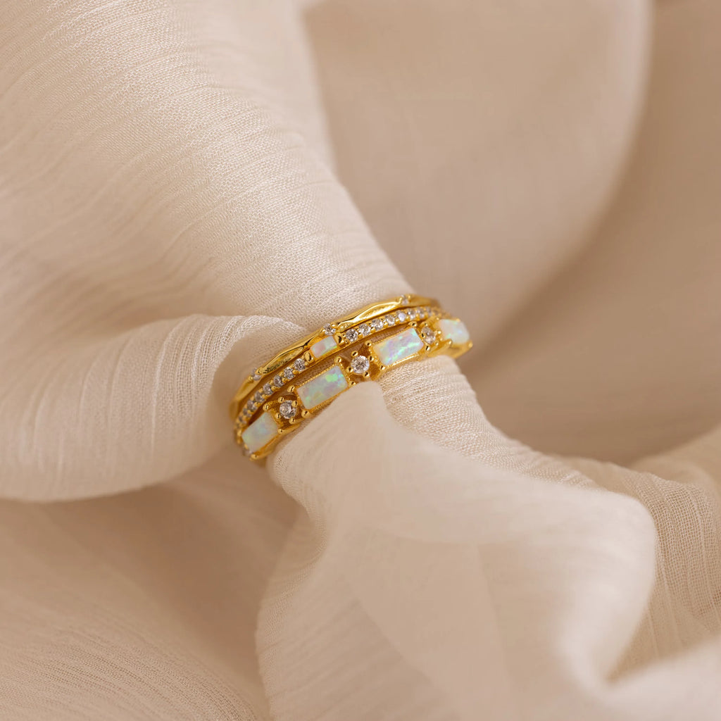 Pave Opal Ring Set Silver 18K Gold Plated