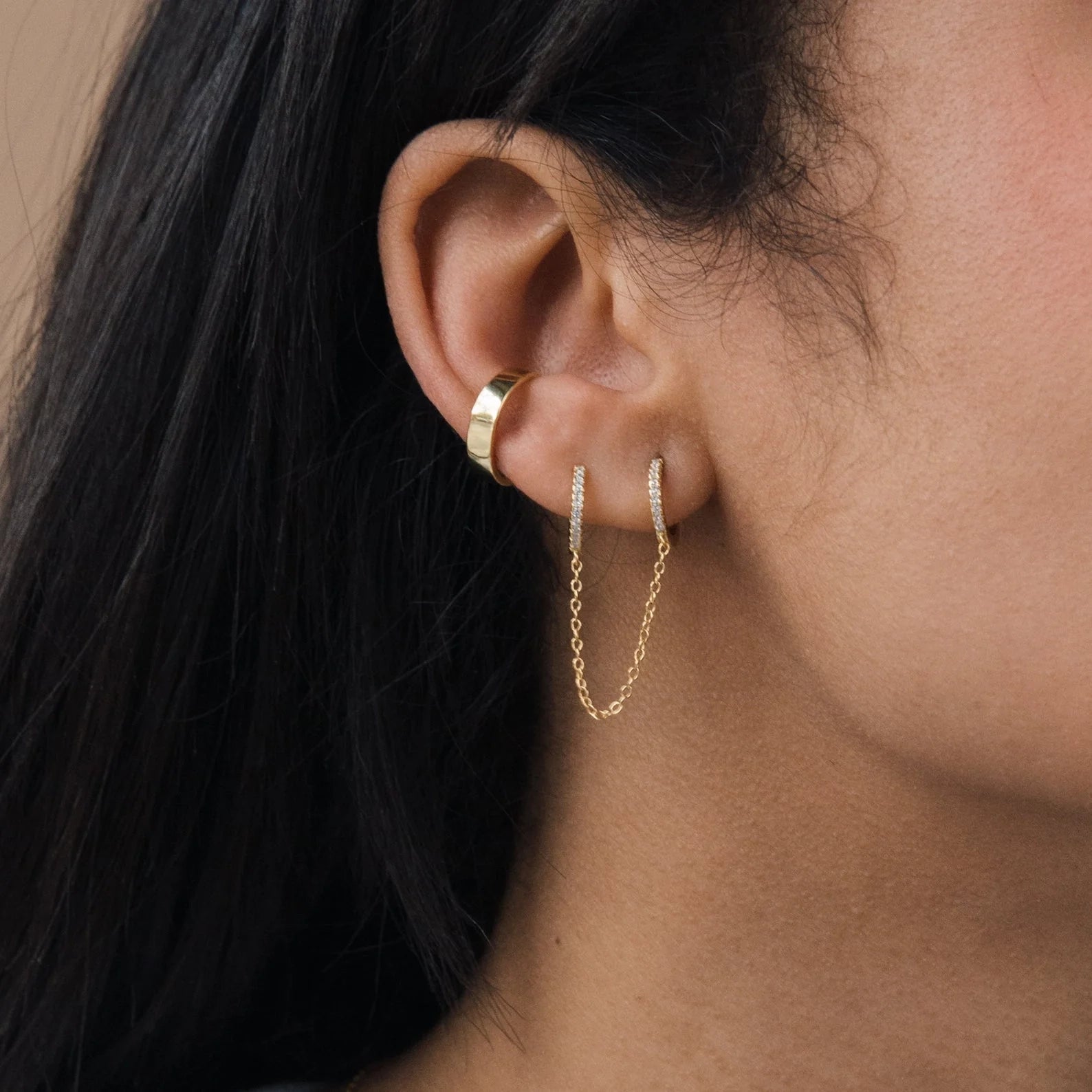 Diamond Pave Duo Chain Earring Silver 18K Gold Plated