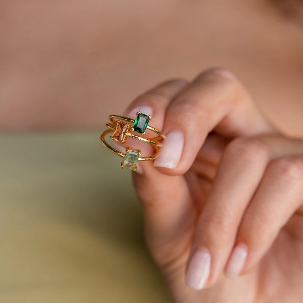Emerald Cut Solitaire Rings Silver 18K Gold Plated