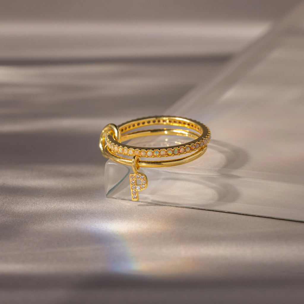 Birthstone Initial Linked Ring Set Silver 18K Gold Plated