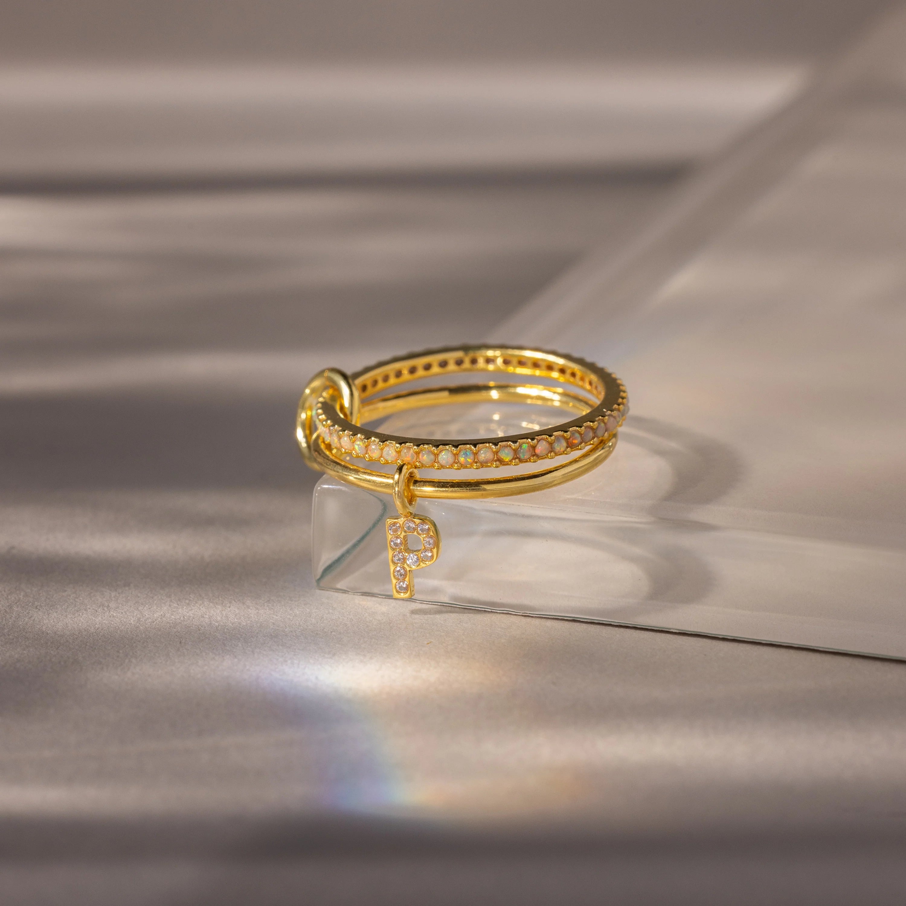 Birthstone Initial Linked Ring Set Silver 18K Gold Plated