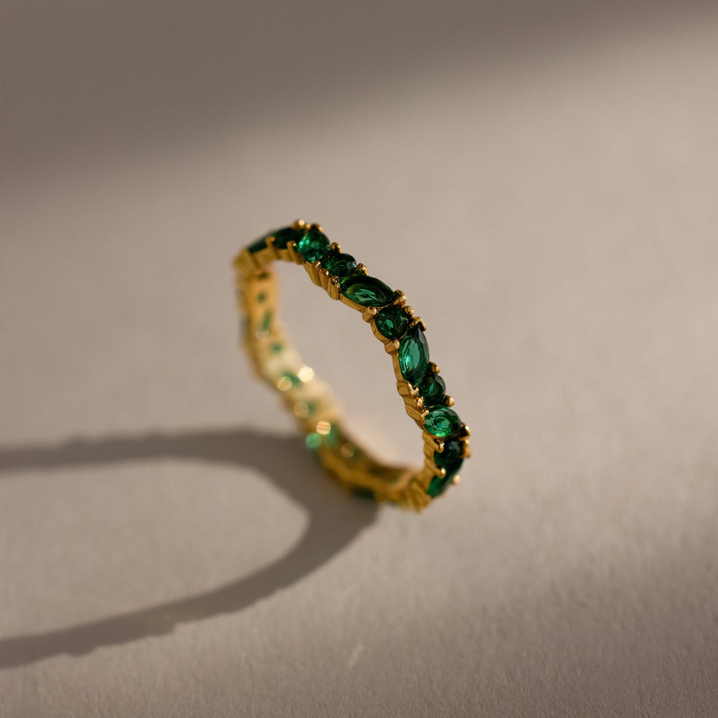 Round & Marquise Emerald Ring Silver 18K Gold Plated