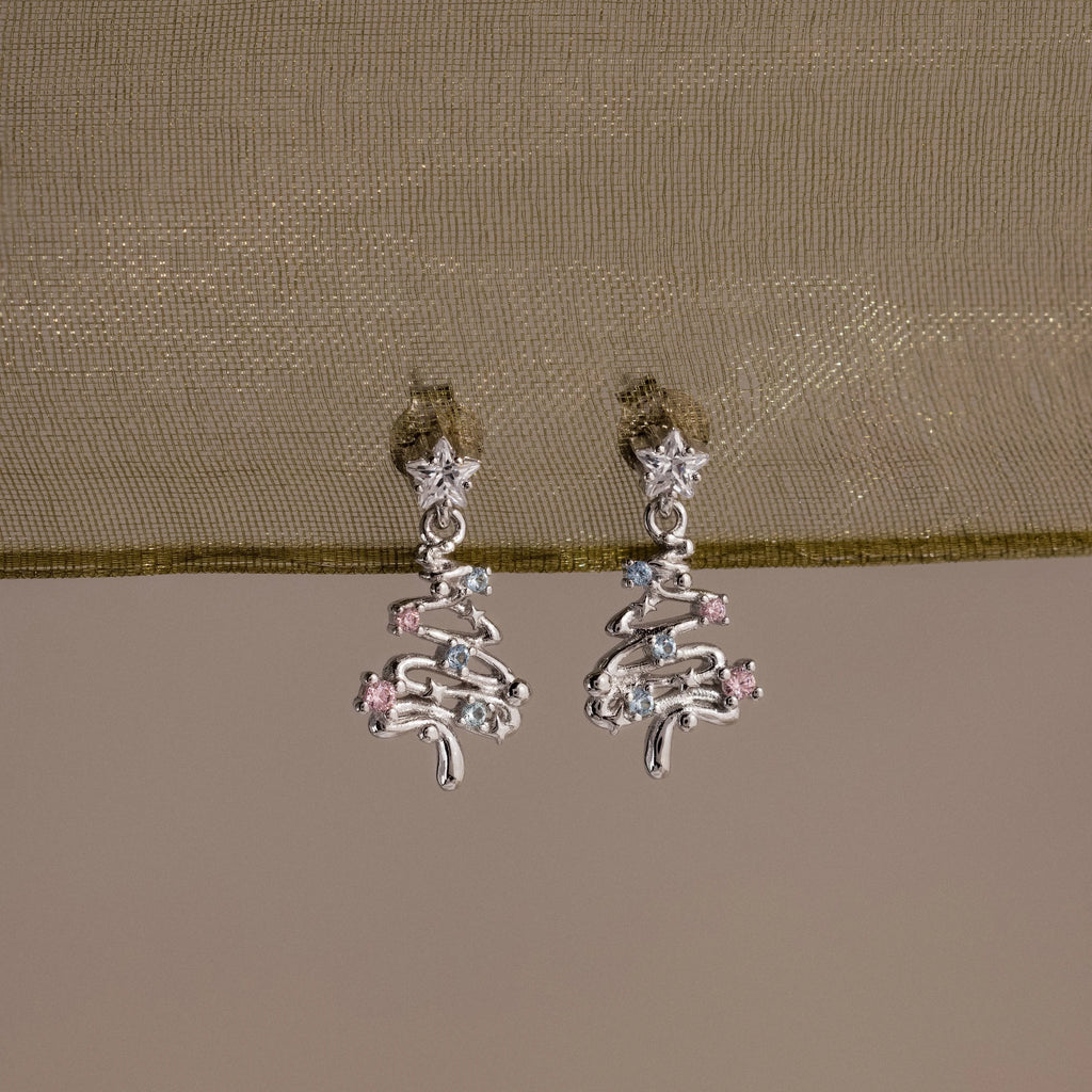 Diamond Abstract Christmas Tree Studs Silver 18K Gold Plated