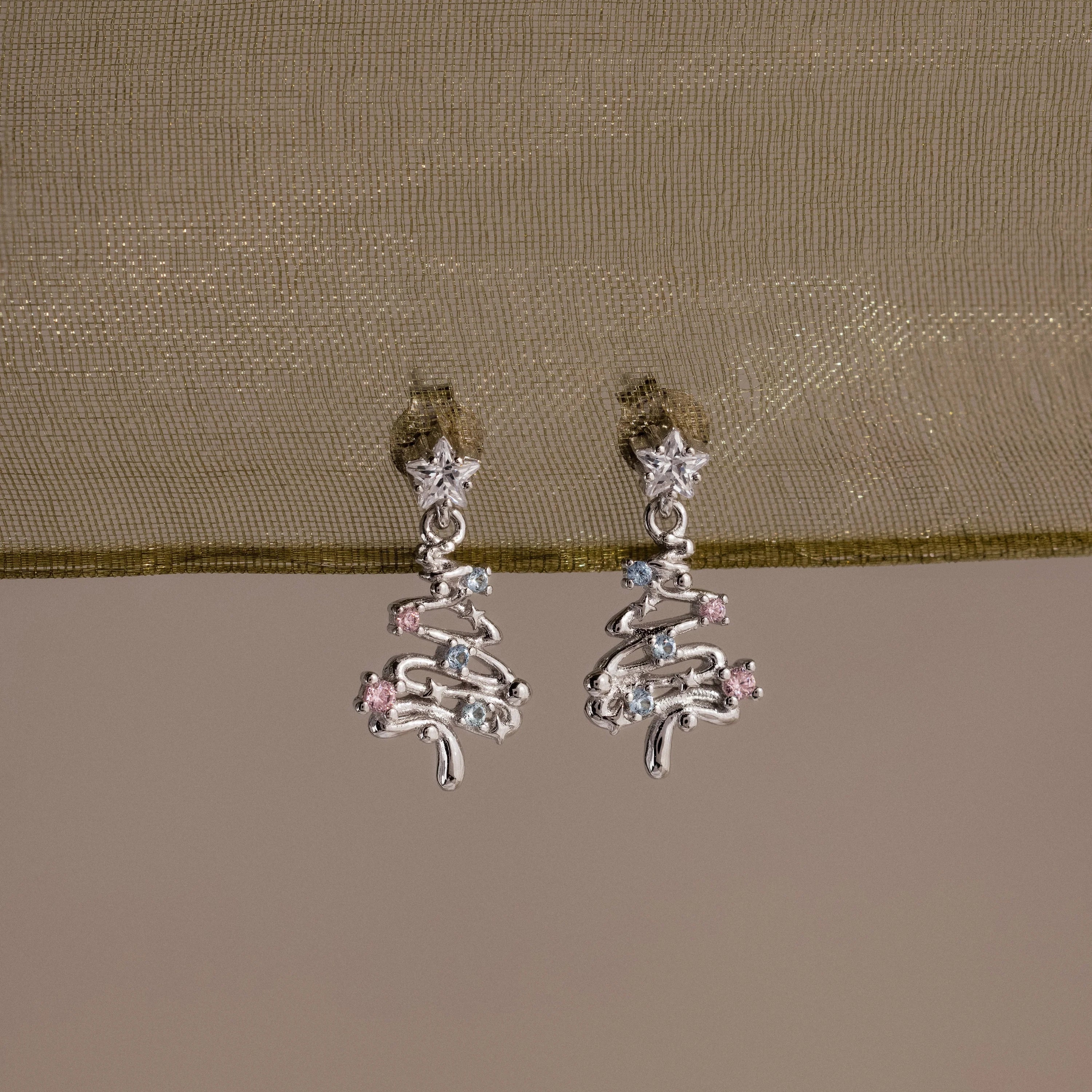 Diamond Abstract Christmas Tree Studs Silver 18K Gold Plated