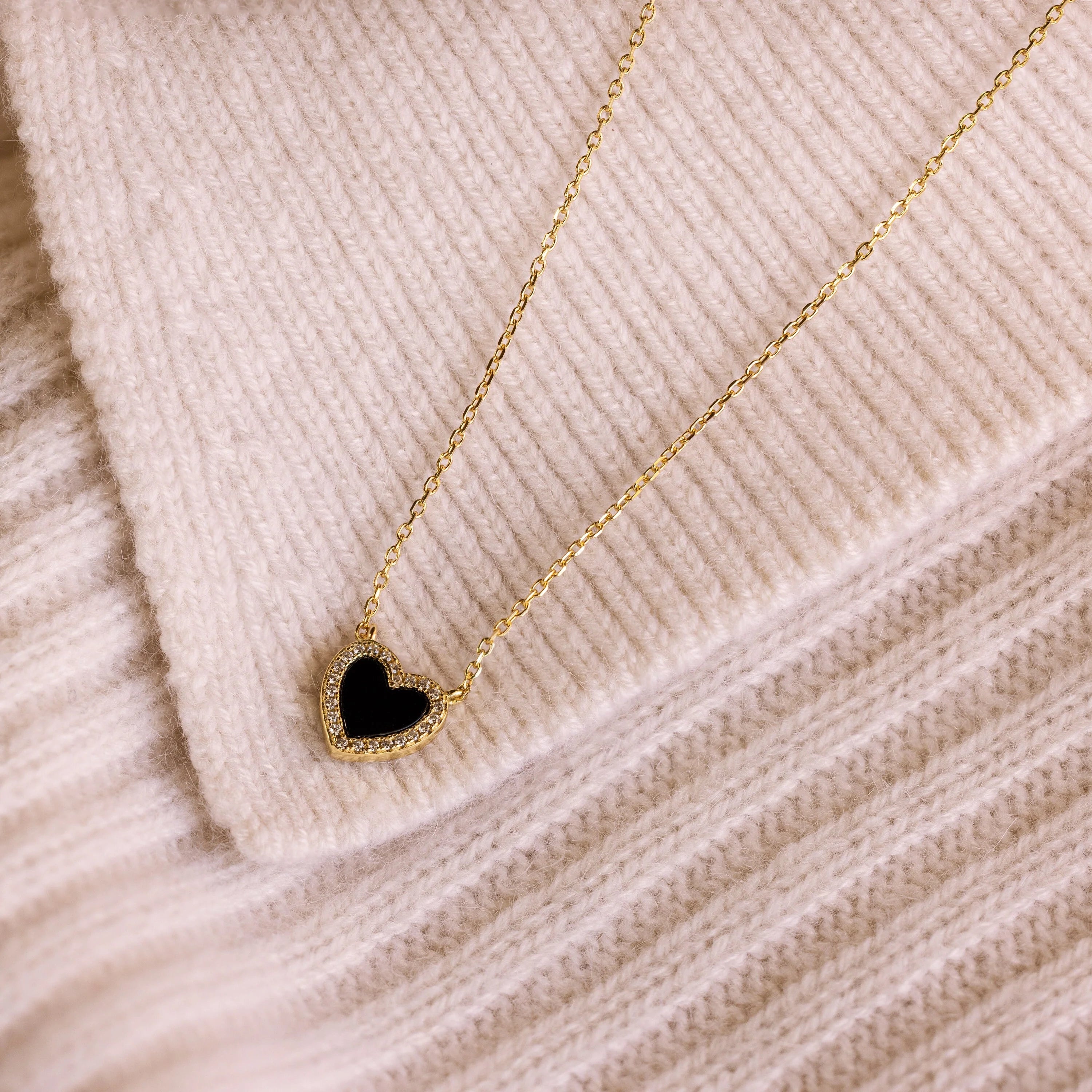 Pave Diamonds Onyx Heart Necklace Silver 18K Gold Plated
