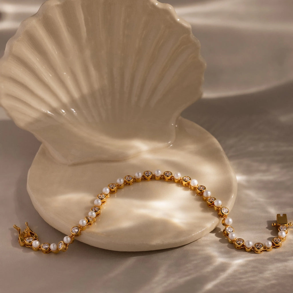 Pearl & Diamond Tennis Bracelet Silver 18K Gold Plated