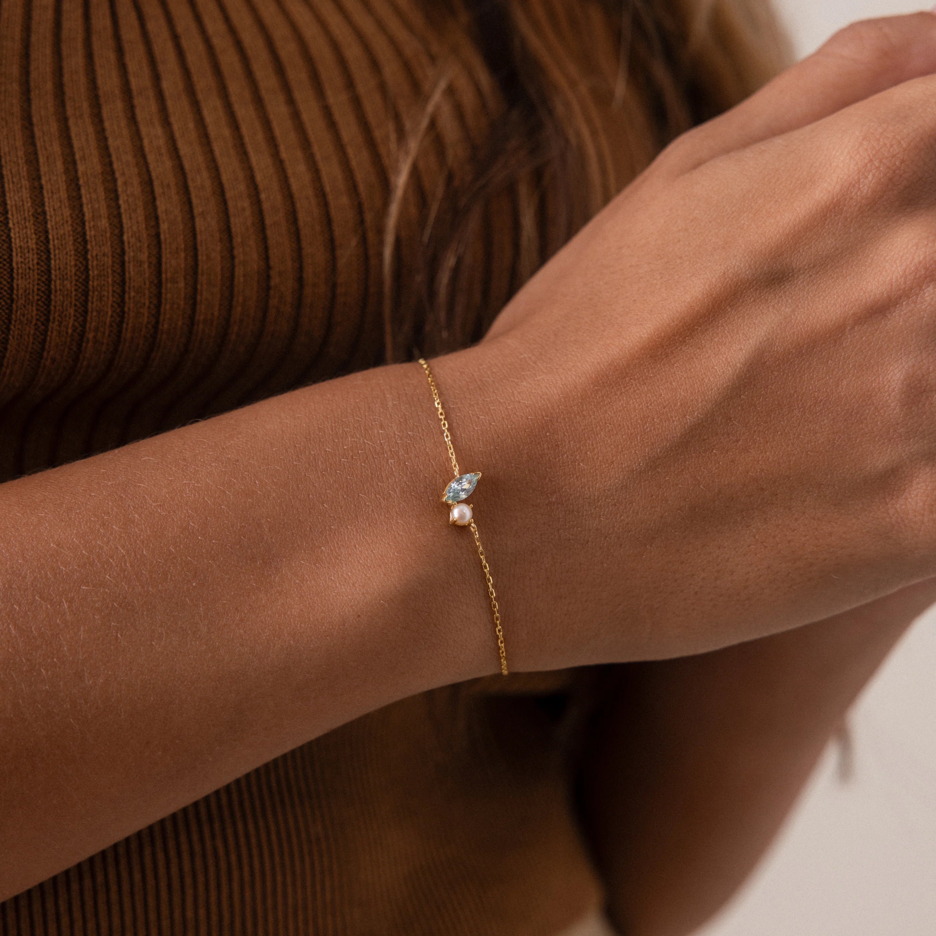 Marquise Cut Garnet Pearl Bracelet in Silver 18K Gold Plated