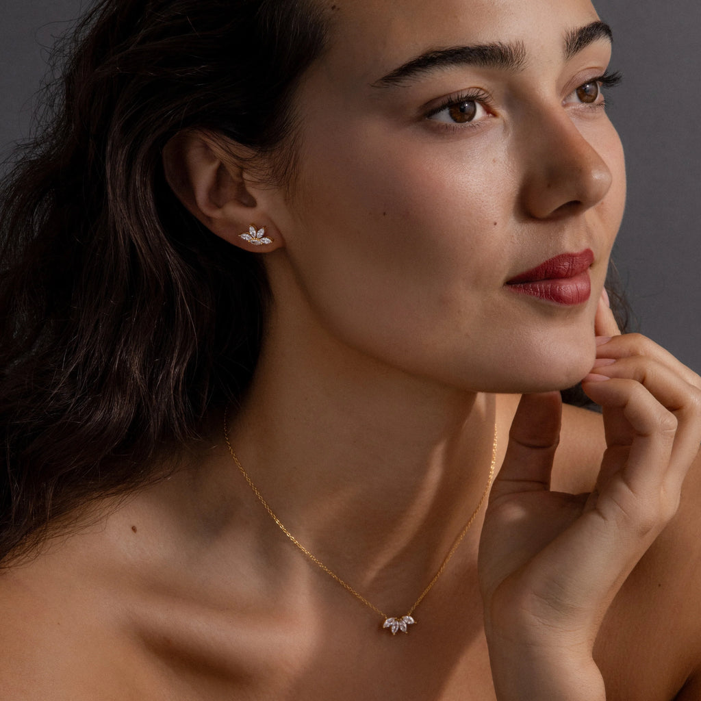 Marquise Diamond Necklace & Earrings Set Silver 18K Gold Plated