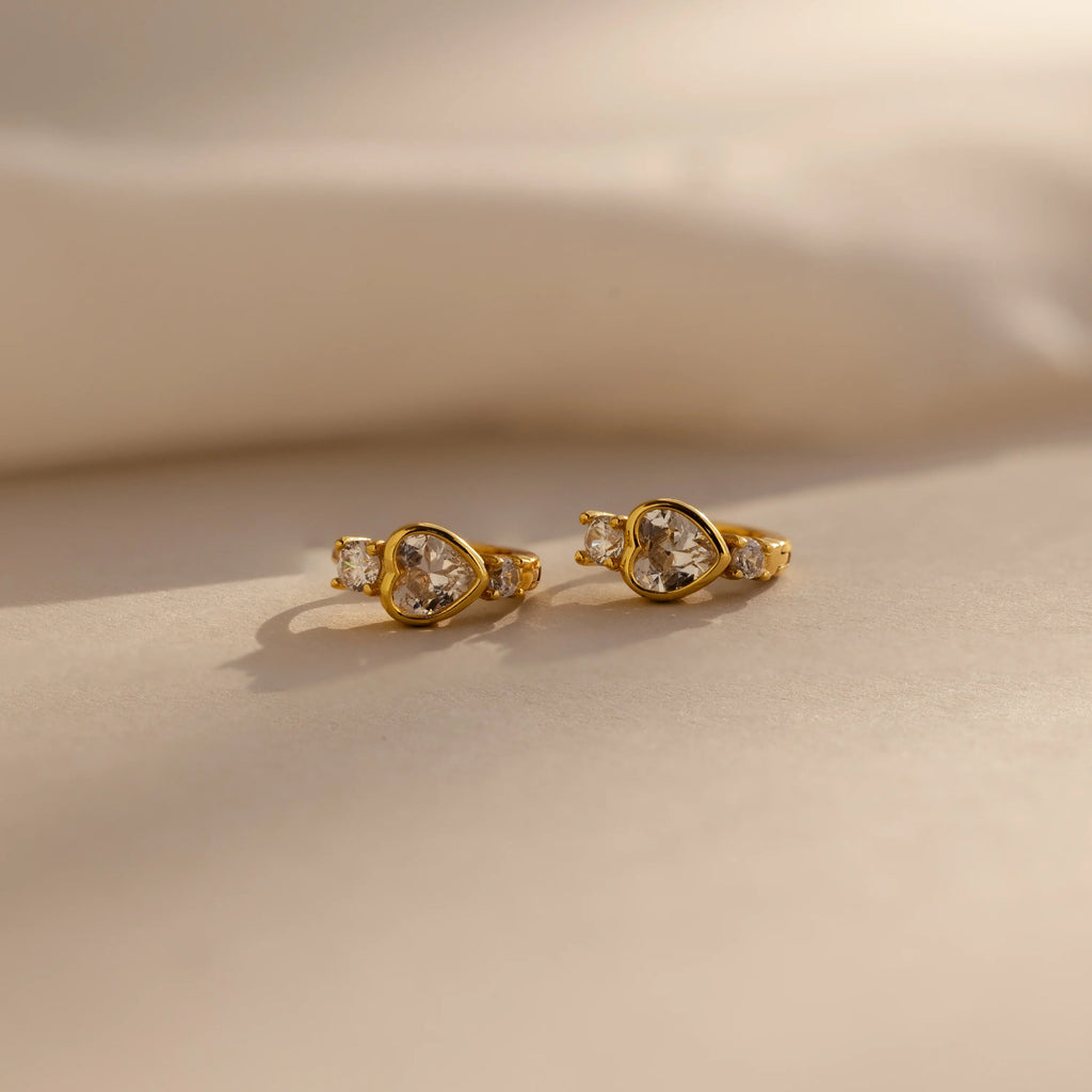Diamond Heart Hoops Silver 18K Gold Plated