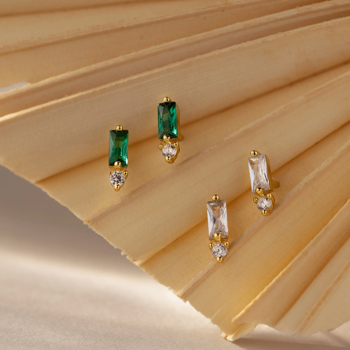 Diamond Baguette Garnet Drop Studs Silver 18K Gold Plated