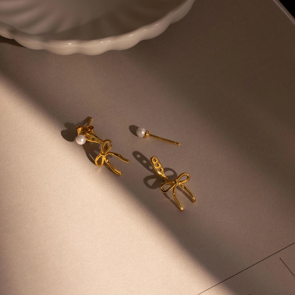 Pearl & Bow Ear Jackets Silver 18K Gold Plated