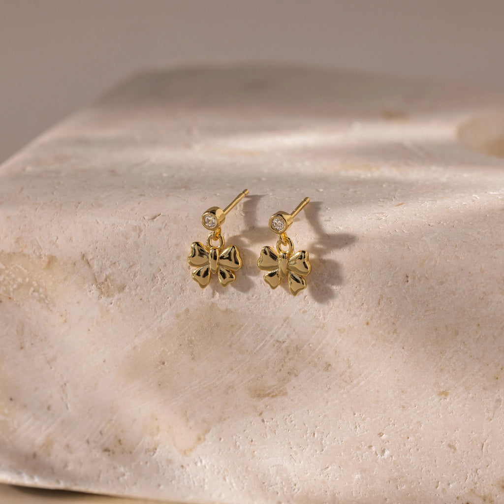 Diamond Bow Drop Studs Silver 18K Gold Plated