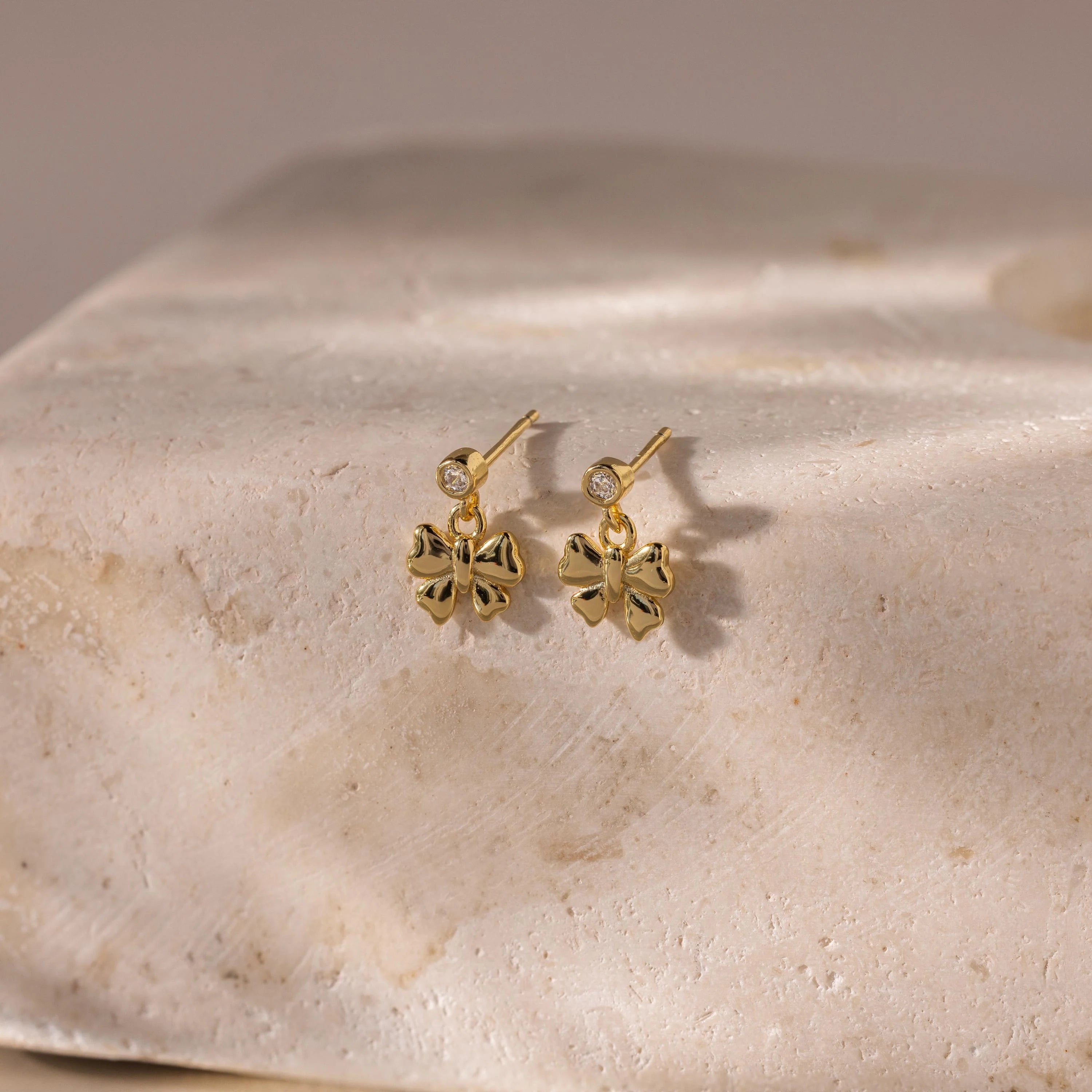 Diamond Bow Drop Studs Silver 18K Gold Plated
