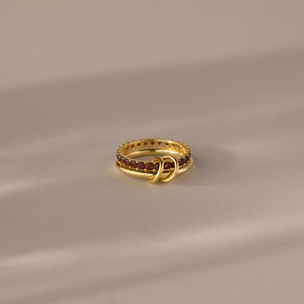 Garnet Duo Tennis Linked Ring Set Silver 18K Gold Plated