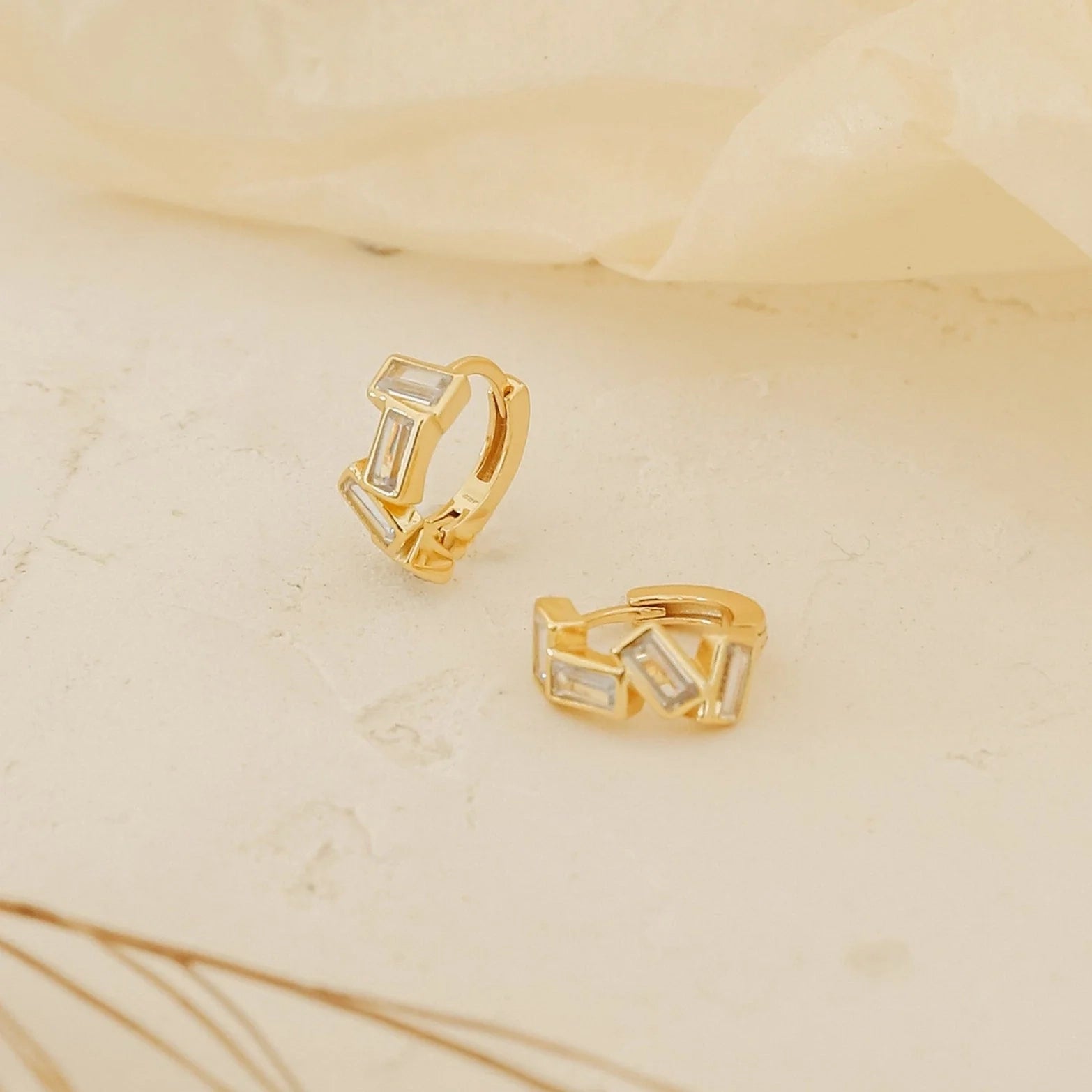 Baguette Diamond Huggies Silver 18K Gold Plated