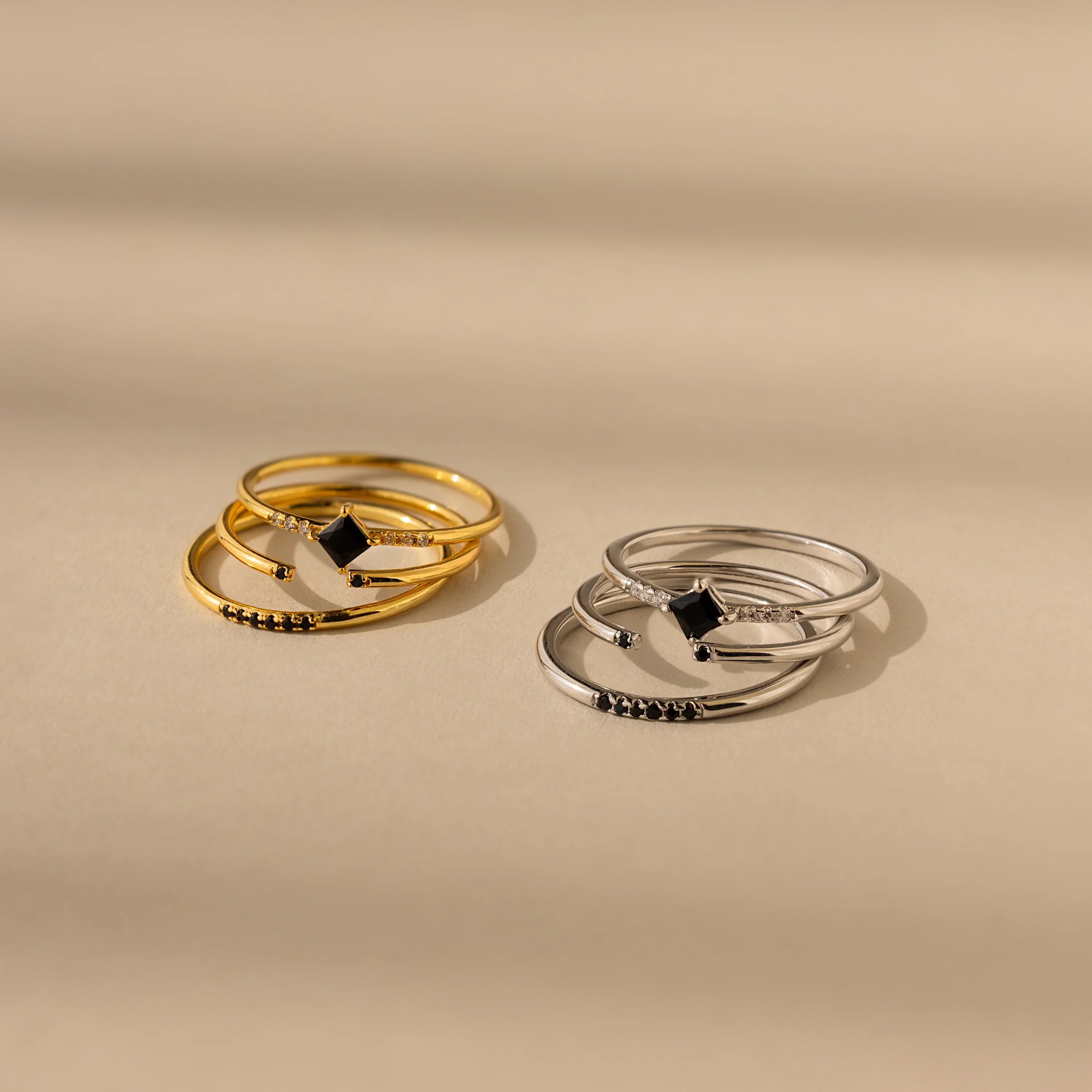 Diamond Onyx Ring Set Silver 18K Gold Plated