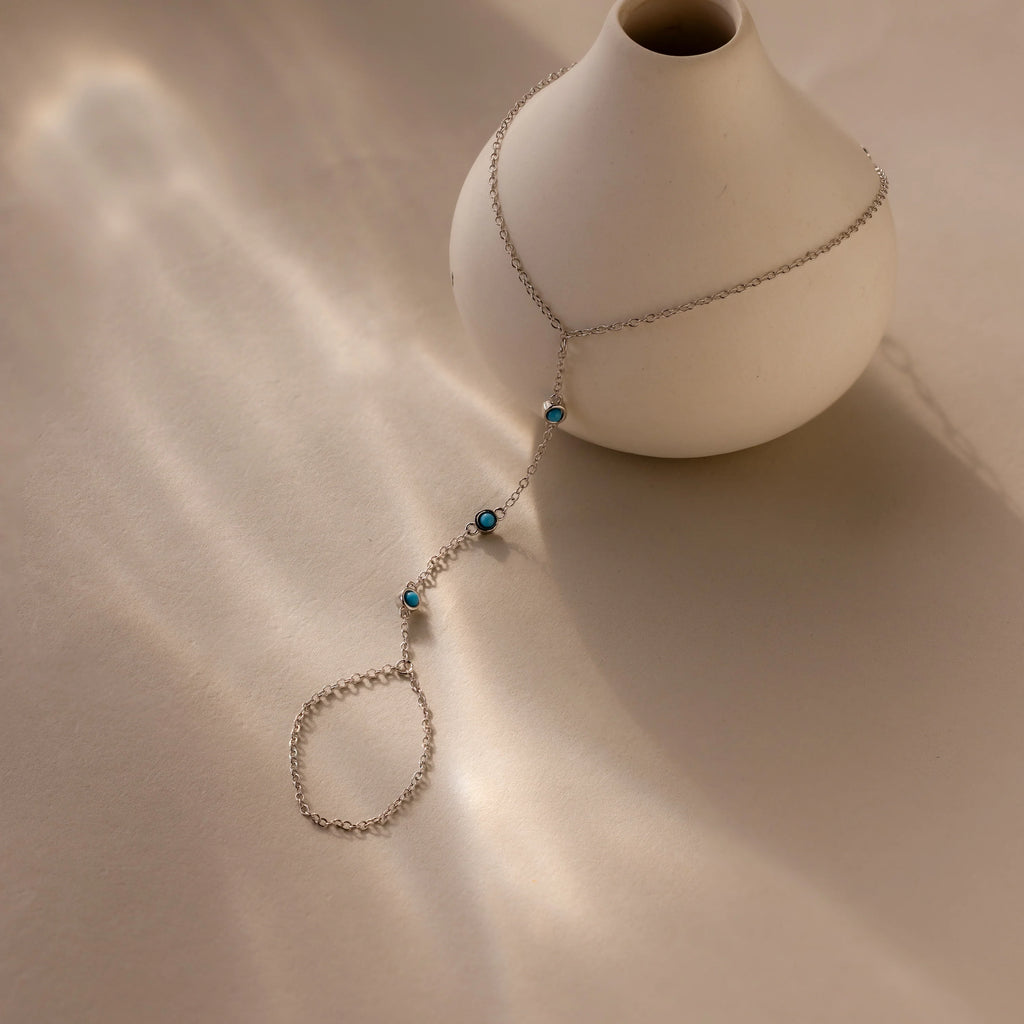 Turquoise Beads Hand Chain Bracelet Silver 18K Gold Plated