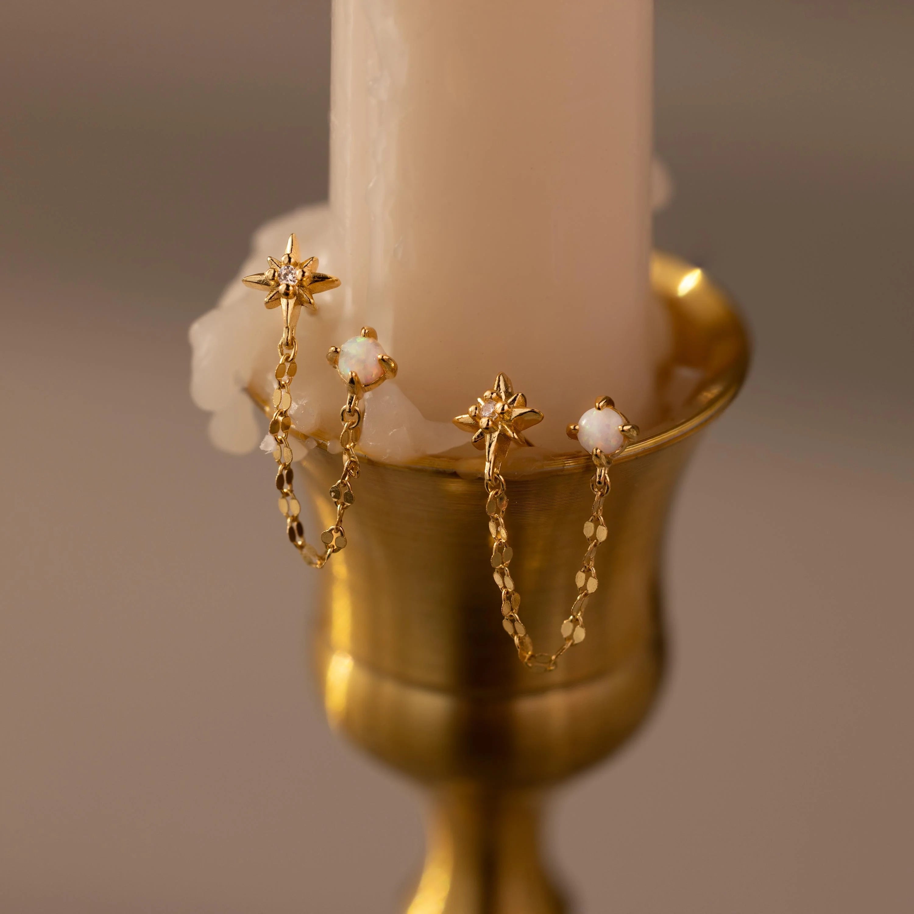 Opal & Star Duo Chain Studs  Silver 18K Gold Plated