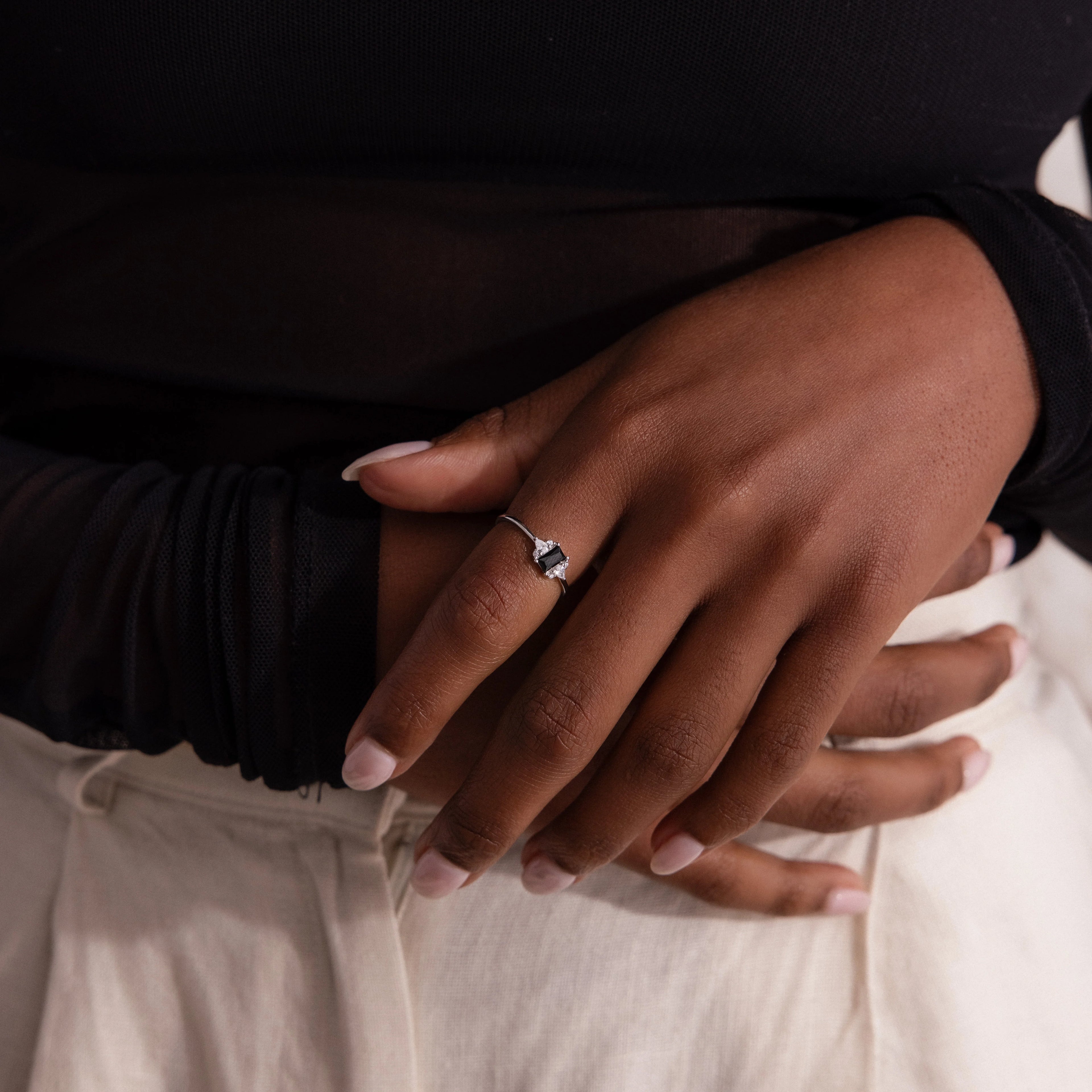 Diamond Black Baguette Onyx Ring Silver 18K Gold Plated