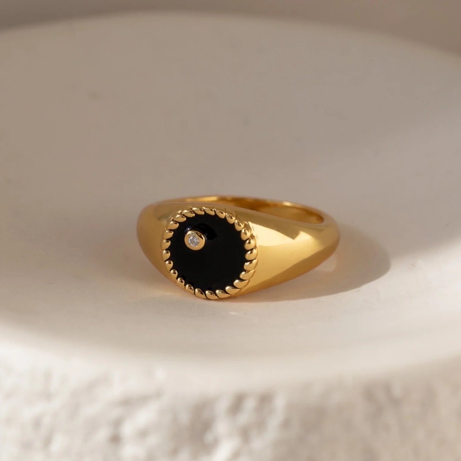 Black Enamel Signet Ring Silver 18K Gold Plated