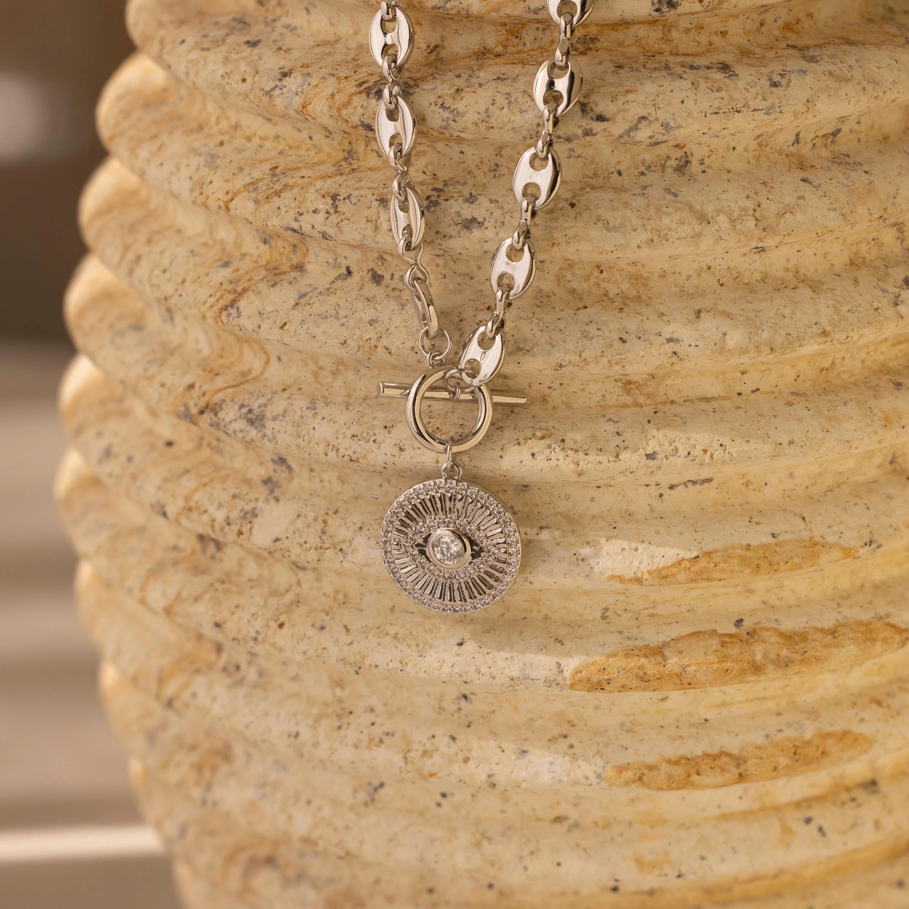 Diamond Evil Eye Toggle Necklace Silver 18K Gold Plated