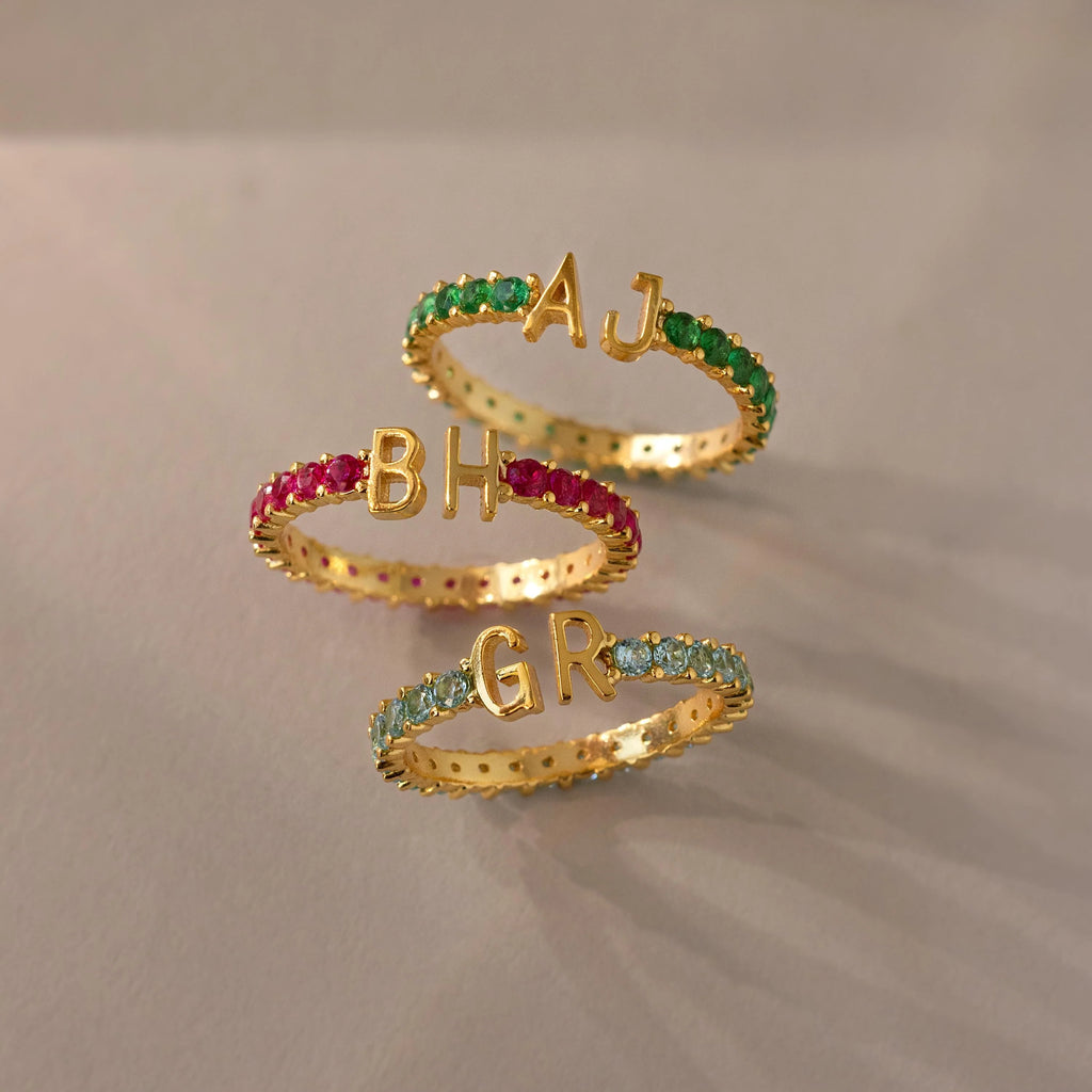 Blue Zircon Duo Initial Tennis Ring Silver 18K Gold Plated