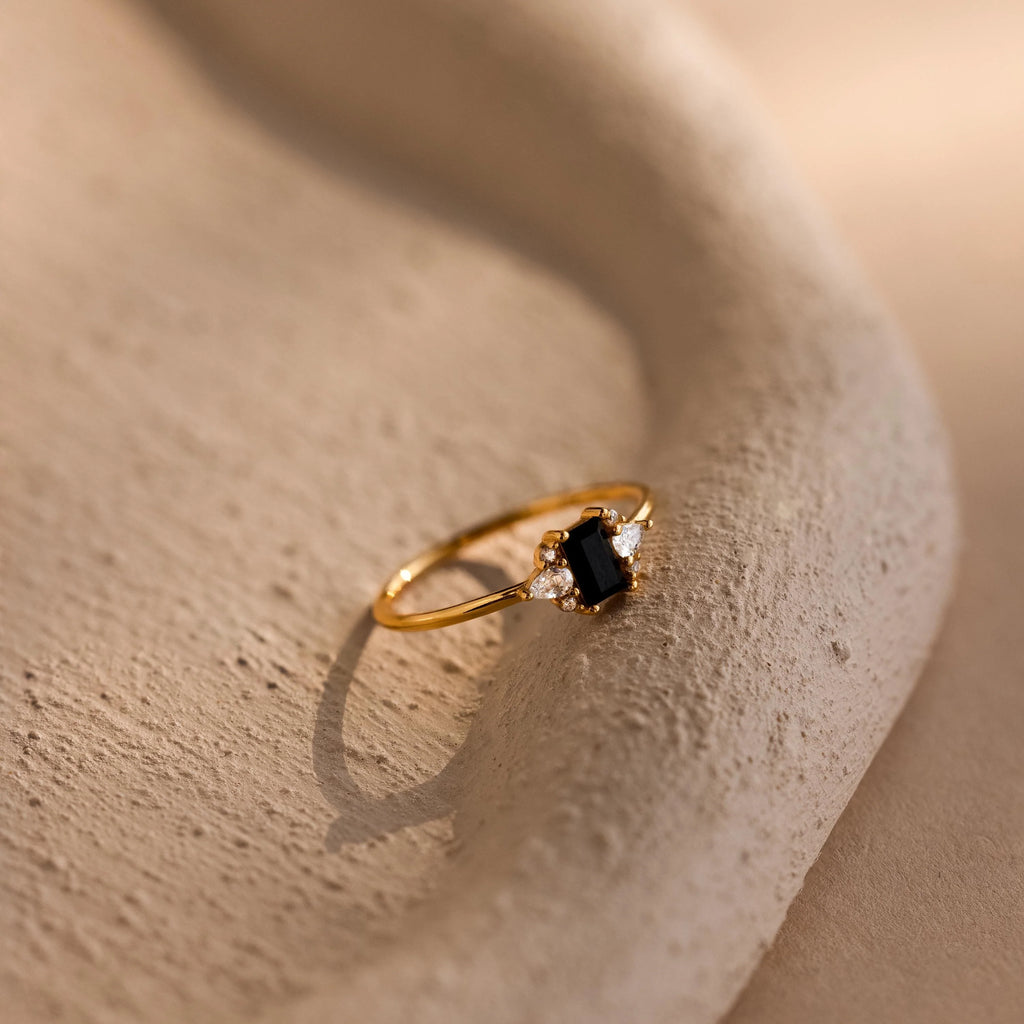 Onyx Baguette Diamond Ring Silver 18K Gold Plated