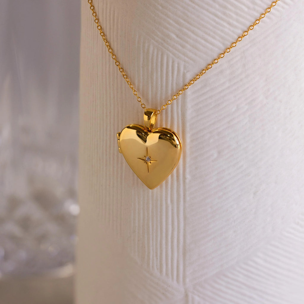 Diamond North Star Heart Locket Necklace Silver 18K Gold Plated
