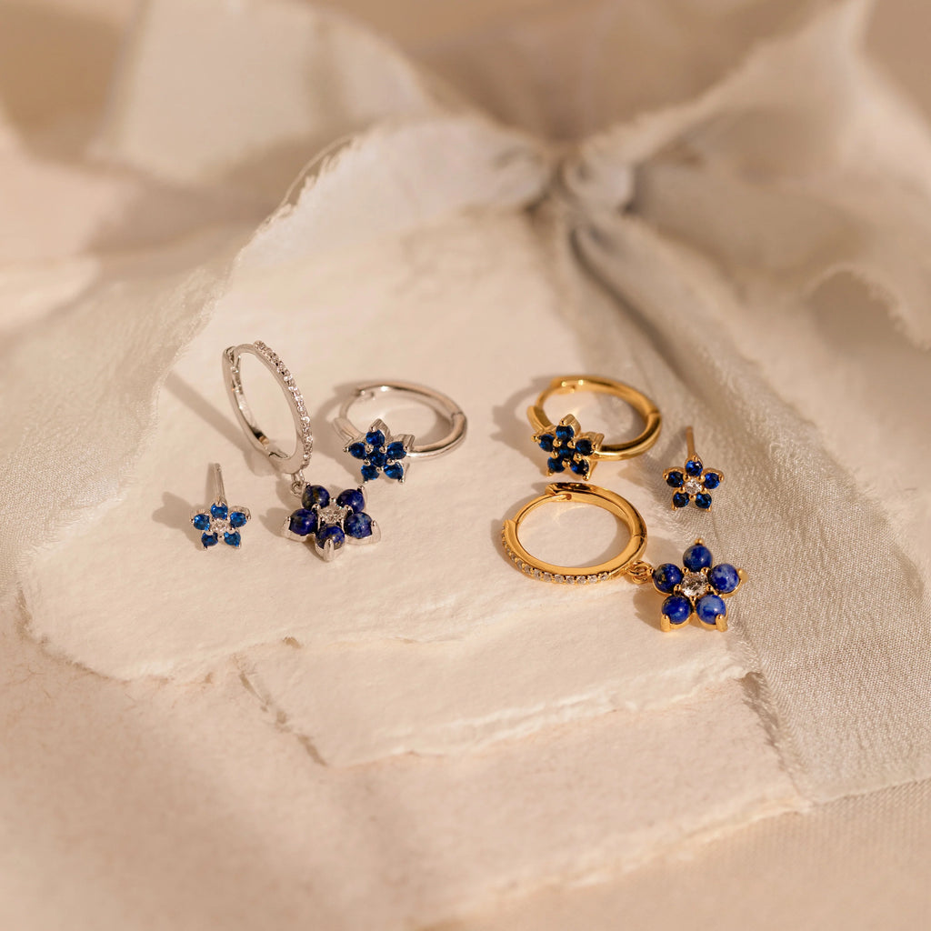 Sapphire Flower Earrings Set  Silver 18K Gold Plated