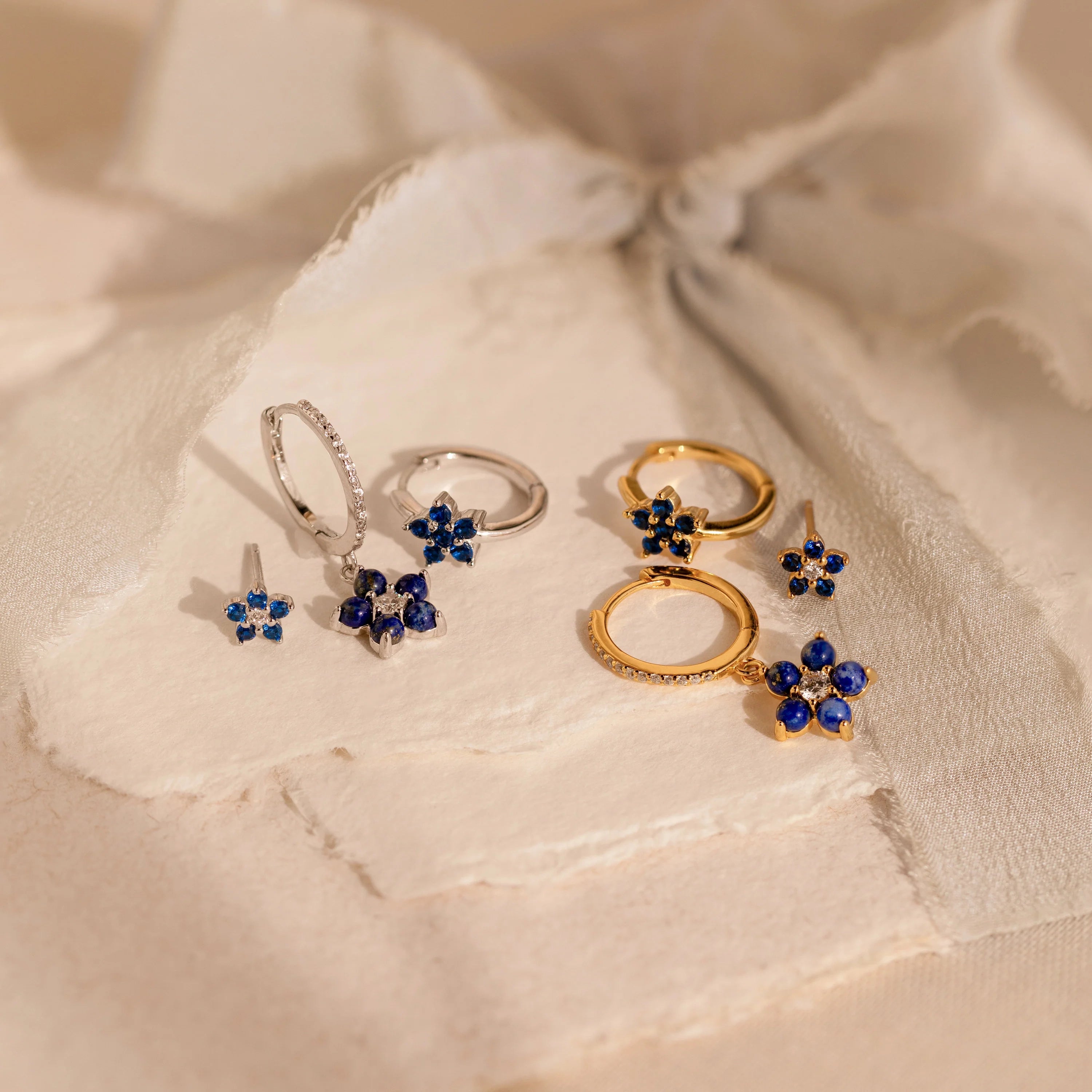 Sapphire Flower Earrings Set  Silver 18K Gold Plated