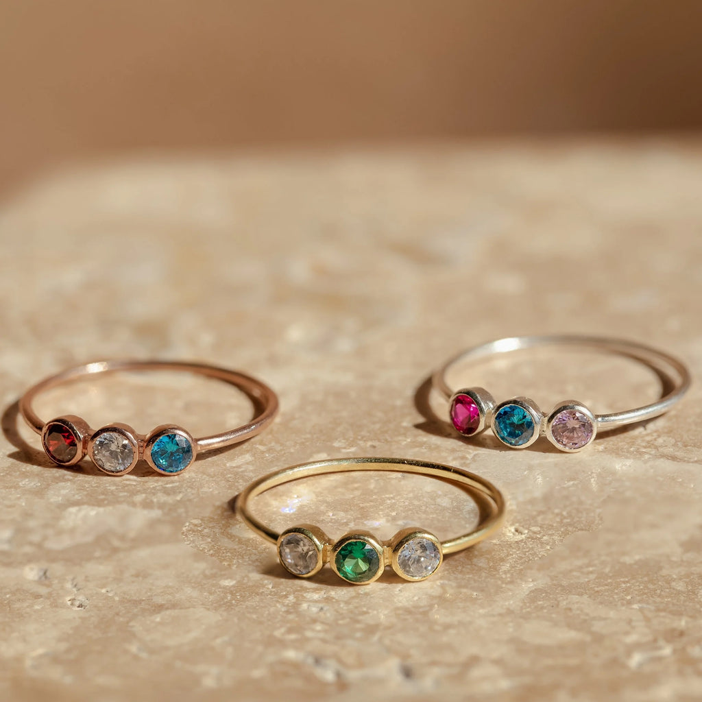 Triple Birthstone Ring Silver 18K Gold Plated