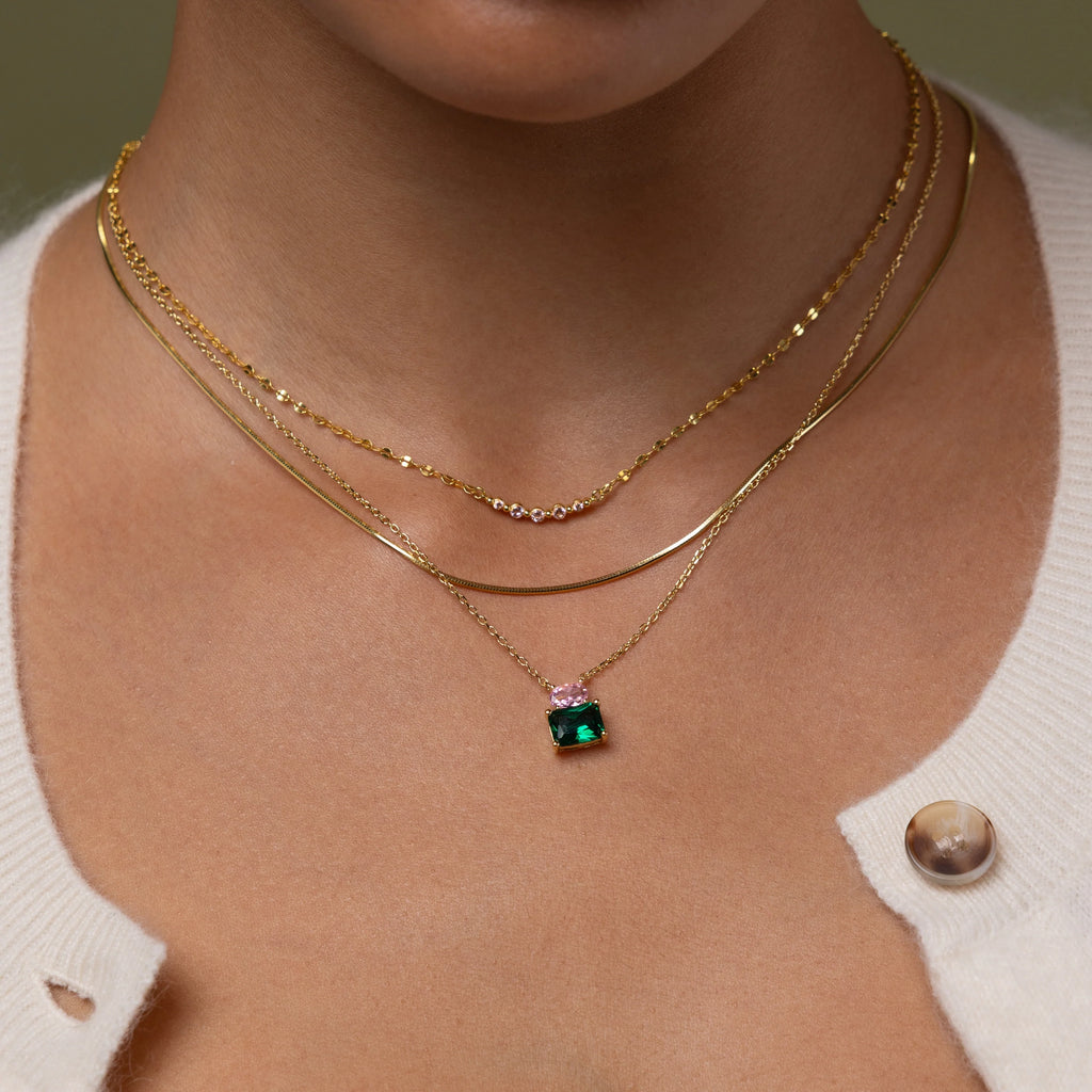 Emerald Pink Tourmaline Necklace Silver 18K Gold Plated