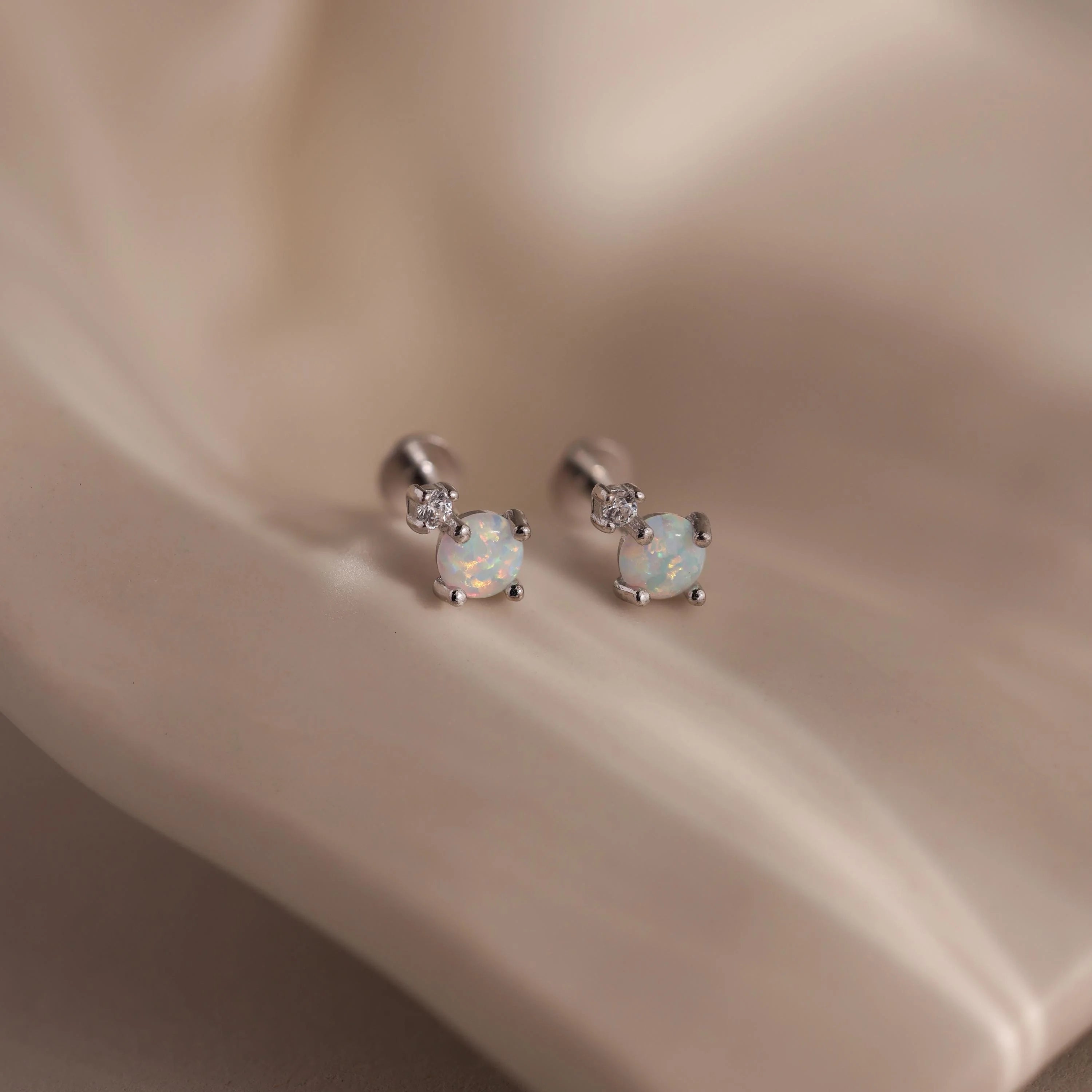 Opal & Diamond Flatback Studs Silver 18K Gold Plated