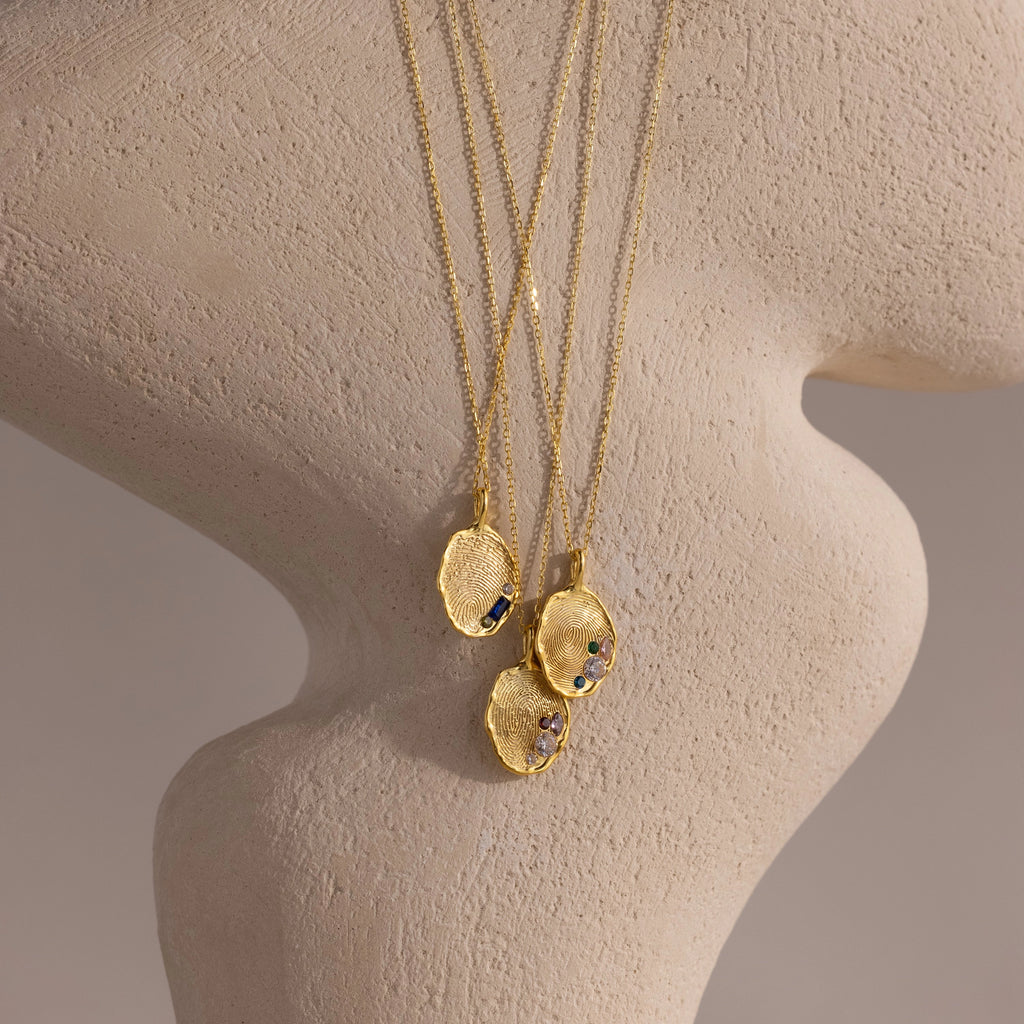 Organic Fingerprint Multi Birthstone Necklace  Silver 18K Gold Plated