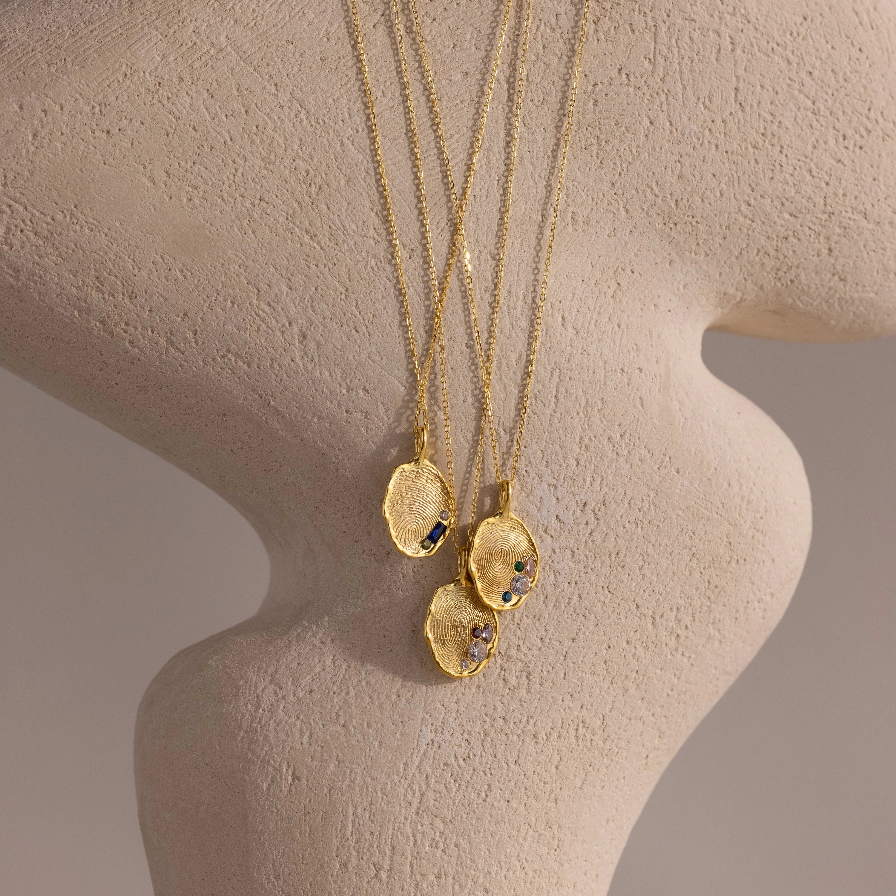 Organic Fingerprint Multi Birthstone Necklace  Silver 18K Gold Plated