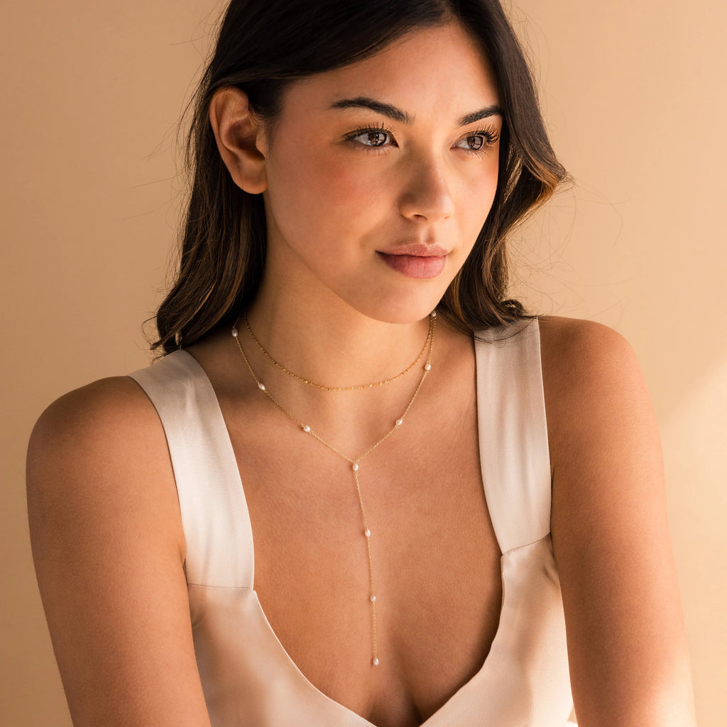 Pearl Station Lariat Necklace Silver 18K Gold Plated